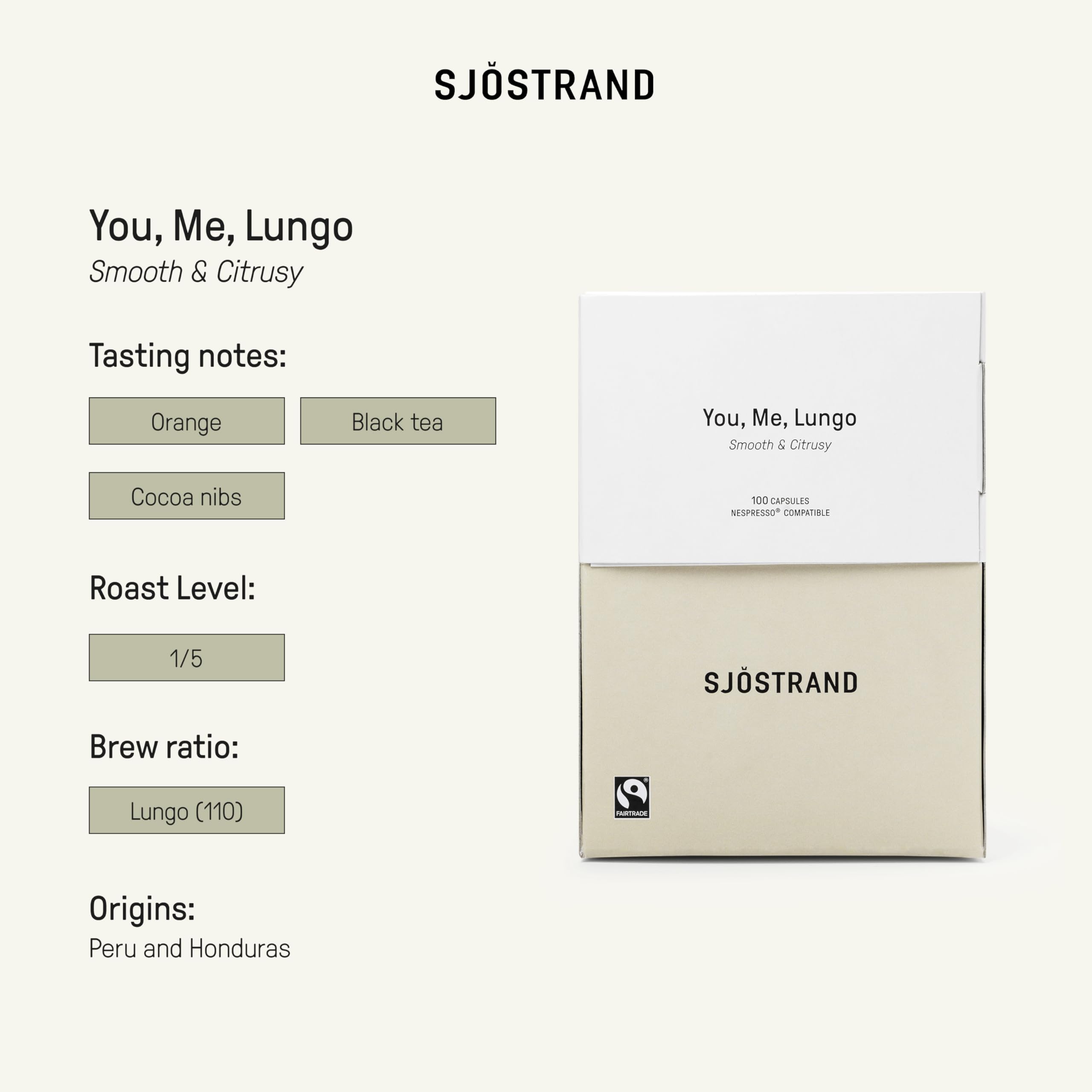 Sjöstrand Coffee Concept Tú, Yo, Lungo - Cápsulas de café orgánico, compatibles con Nespresso, 100 cápsulas, compostables, Comercio Justo.