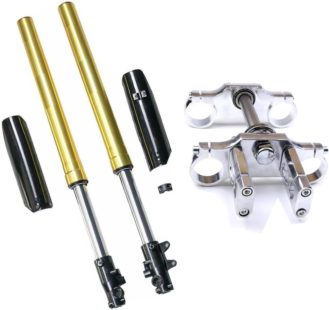 45mm/48mm Complete Upside Down Front Fork Shocker + Triple Clamp Handlebar Riser Set for Dirt Pit Pro Trail Bike 110cc 125cc 150cc (Gold)