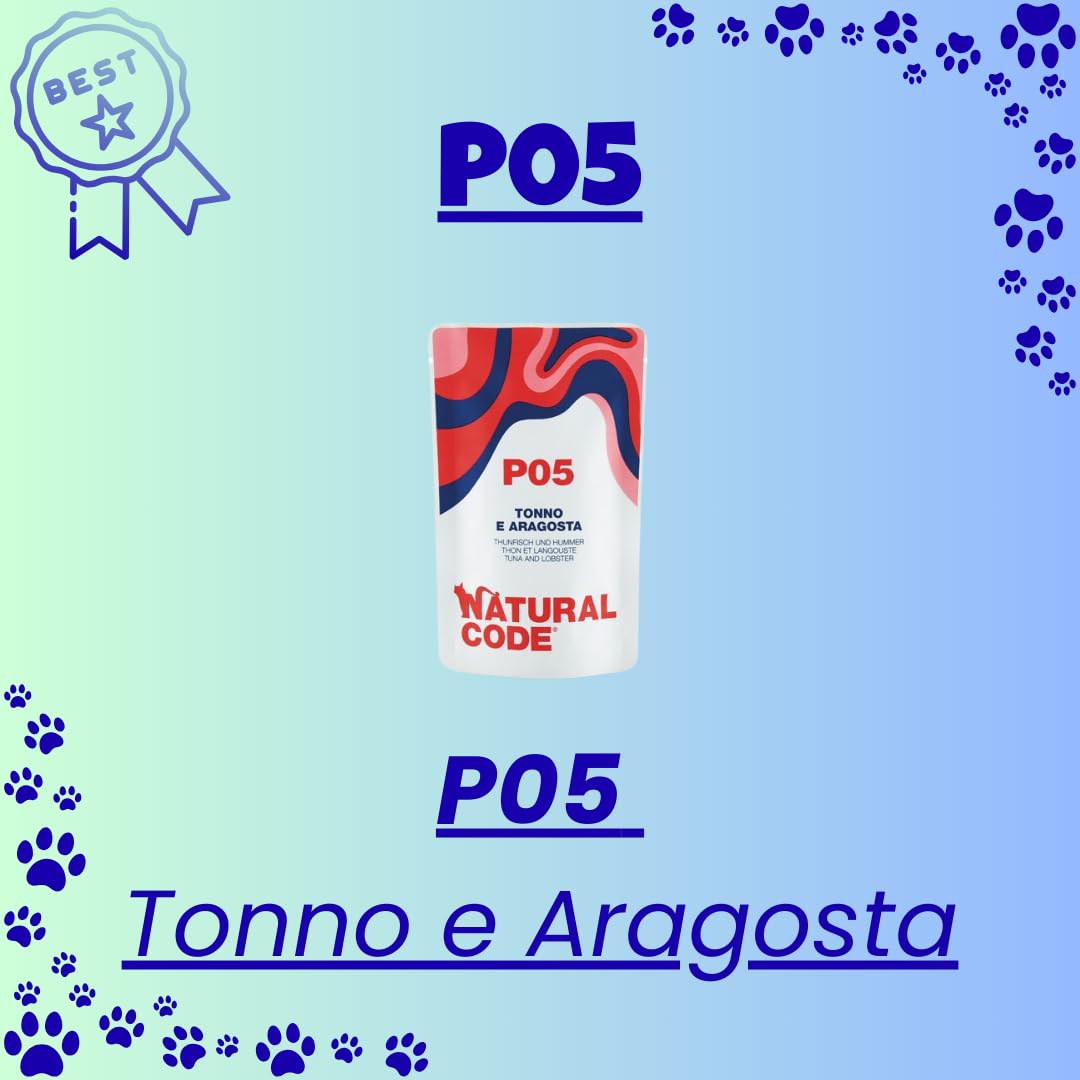 Natural Code - Alimento Húmedo para Gatos en Bolsita, Alimento Complementario para Gatos de Todas Las Tallas y Razas, Sabor Atún y Langosta, 12 Sobres de 70 Gramos