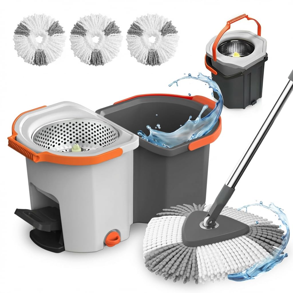 Wischmopp Set mit Eimer und Fußpedal, Bodenwischer mit geteiltem 2-Kammern-Putzeimer, Auswringfunktion & Edelstahlstiel, inkl. 3 Mikrofaser-Pads, Komplettset für Laminat & Fliesen (Hellgrau)