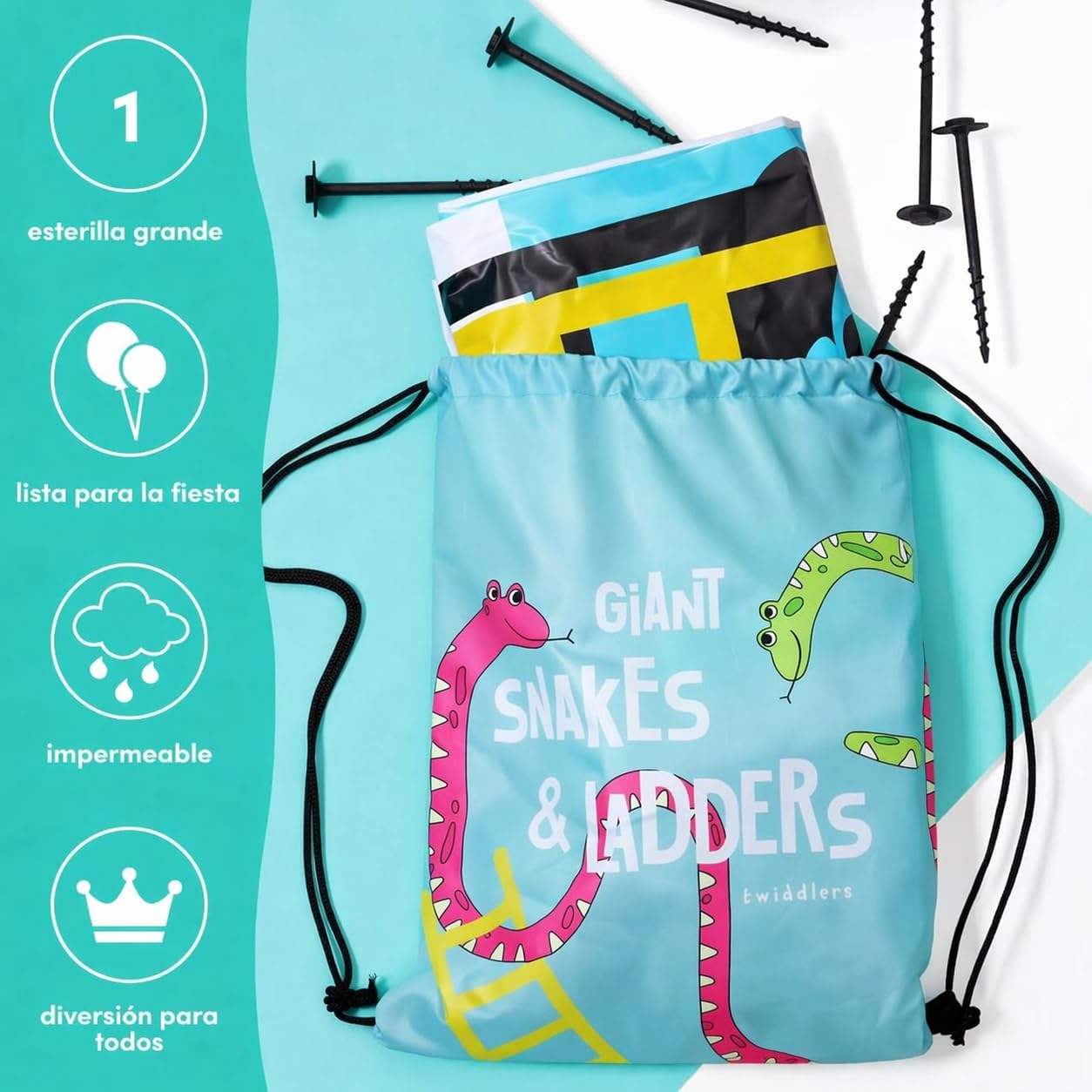 THE TWIDDLERS XXL Juego de Serpientes y Escaleras Gigante (3x3m) - Tapete de Jardín Impermeable con Dado Inflable y Bolsa para Niños y Adultos - Juegos de Exterior para Fiestas y Familia
