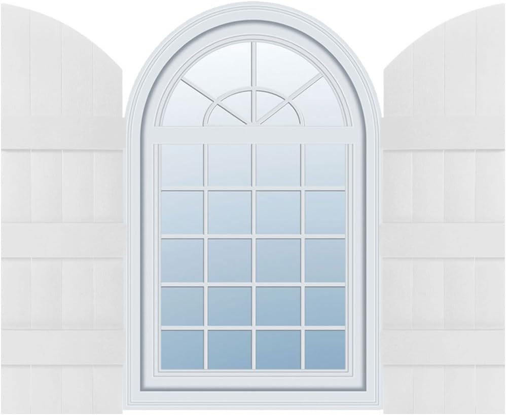 Builders Edge 14 in. W x 57 in. H (50 in. Low Side), Standard Four Board Joined (3 Batten) w/ Archtop, Board-n-Batten Shutters, Includes Matching Installation Spikes (Per Pair), 001 - White