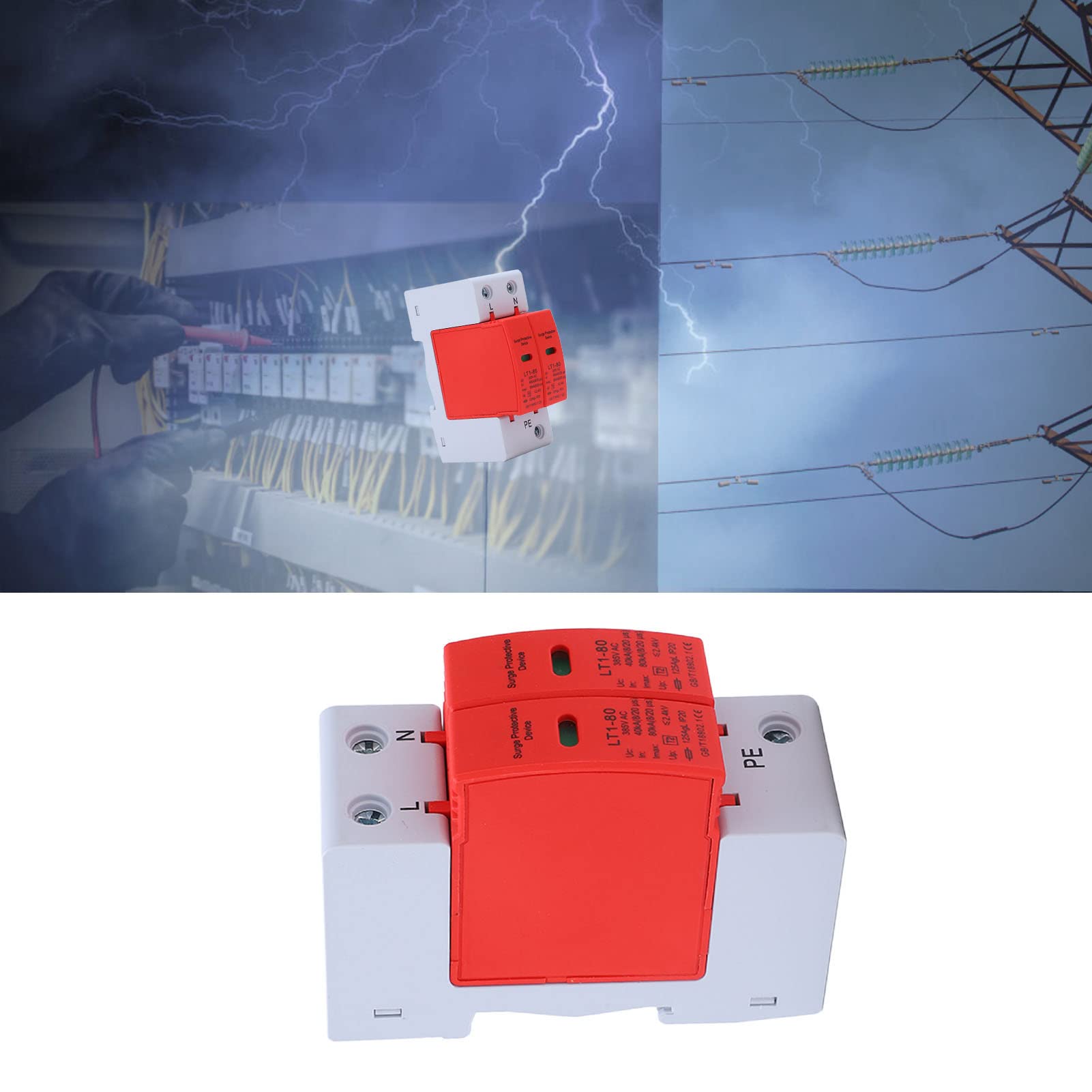 Buachois Dispositivo Scaricatore 2P,AC 385V Binario Guida 40‑80Ka Protezione Scaricatore di Tensione Modulo di Protezione Elettronico Per Fotovoltaico Solare, Alimentatore