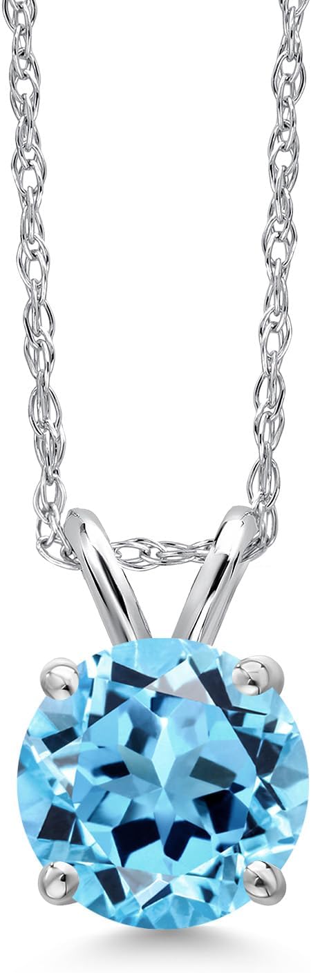 Gem Stone King 14K White Gold Swiss Blue Topaz Pendant Necklace for Women | 1.00 Cttw | Gemstone November Birthstone | Round 6MM | With 18 Inch Chain