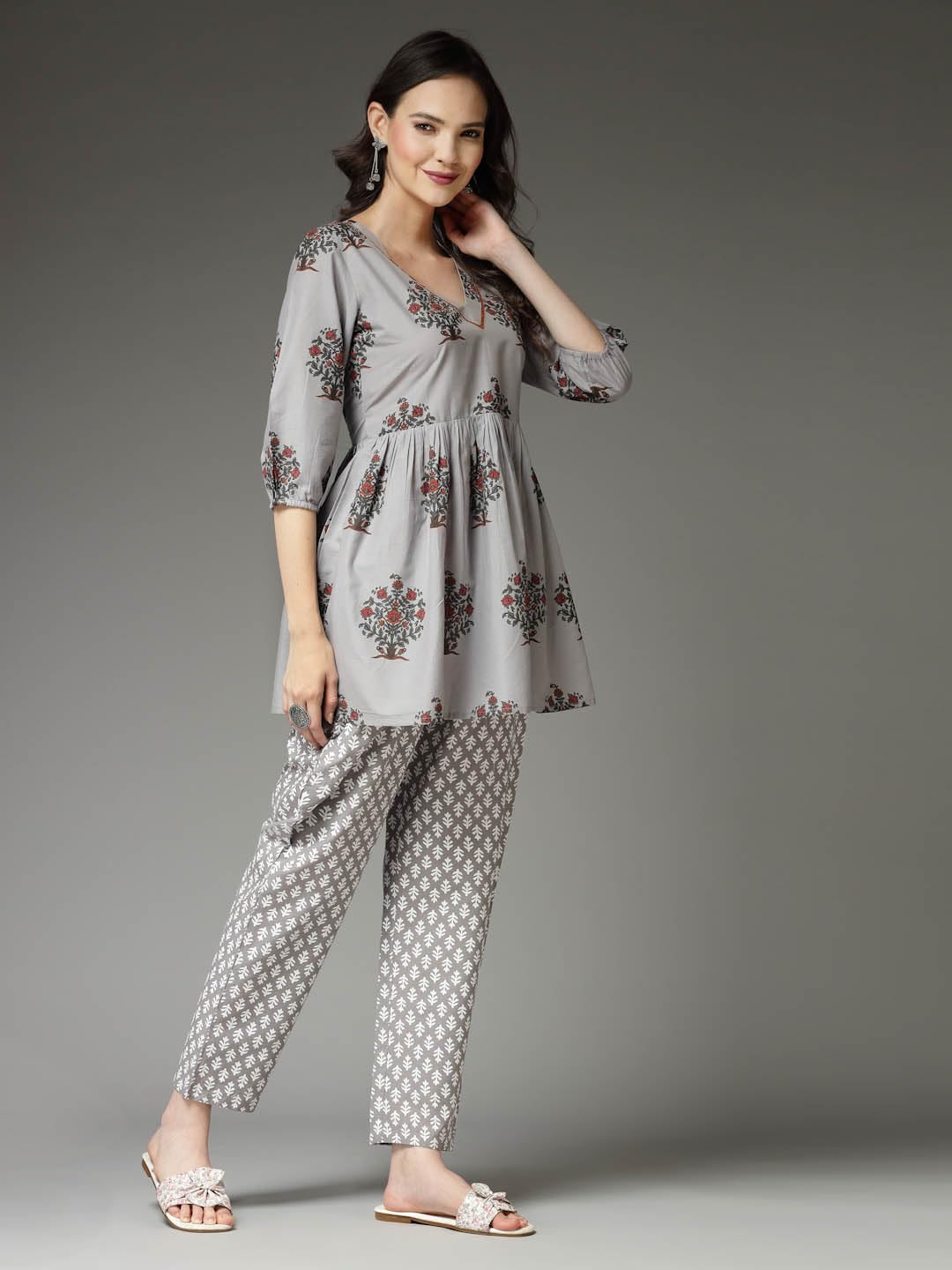 Stylum Women's Floral Printed Cotton Co-Ord Set (Csgreyavika44_Grey, Xxl)