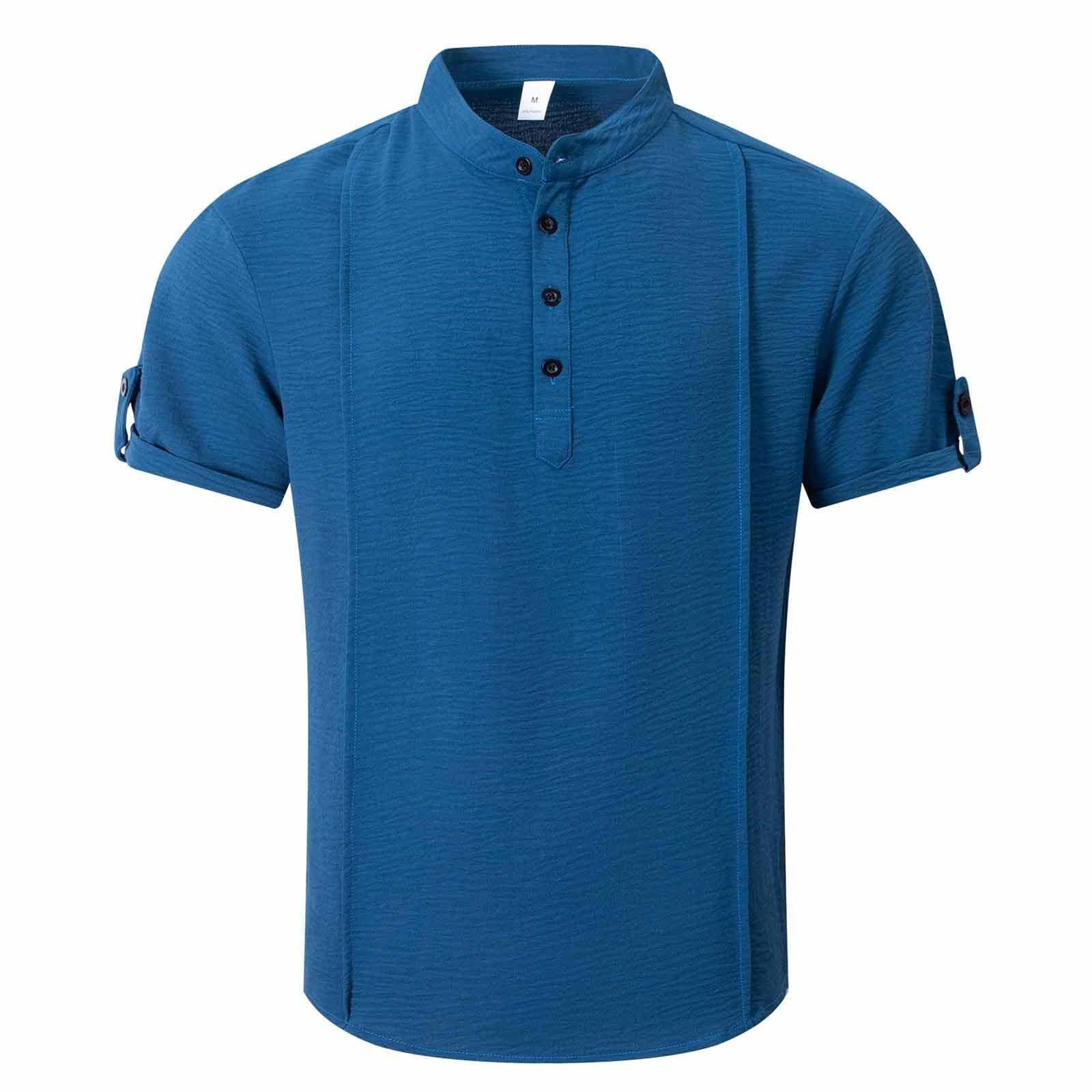 Mens Button Down Henley Shirt Short Sleeve Loose Fit Work Office Golf Tshirt Band Collar Breathable Moisture Wicking Blouse