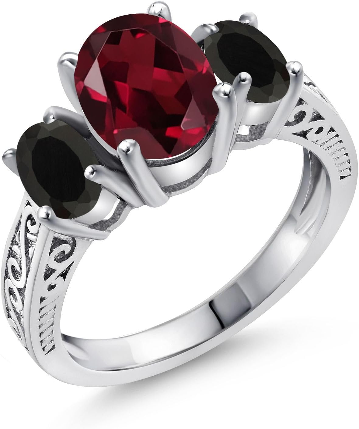 Gem Stone King 2.98 Cttw Red Rhodolite Garnet and Black Onyx 3 Stone Ring For Women | 925 Sterling Silver | Gemstone Birthstone | Available In Size 5, 6, 7, 8, 9