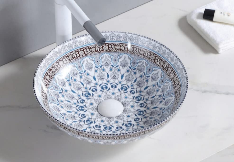 OBLONG Table Top Wash Basin | Wash Basin Countertop | Tabletop Ceramic Bathroom Sink | Vessel Sink Over Counter | Marble Wash Basin For Bathroom - Moroccan, Round, 41 x 41 x 12.5, 1, M002