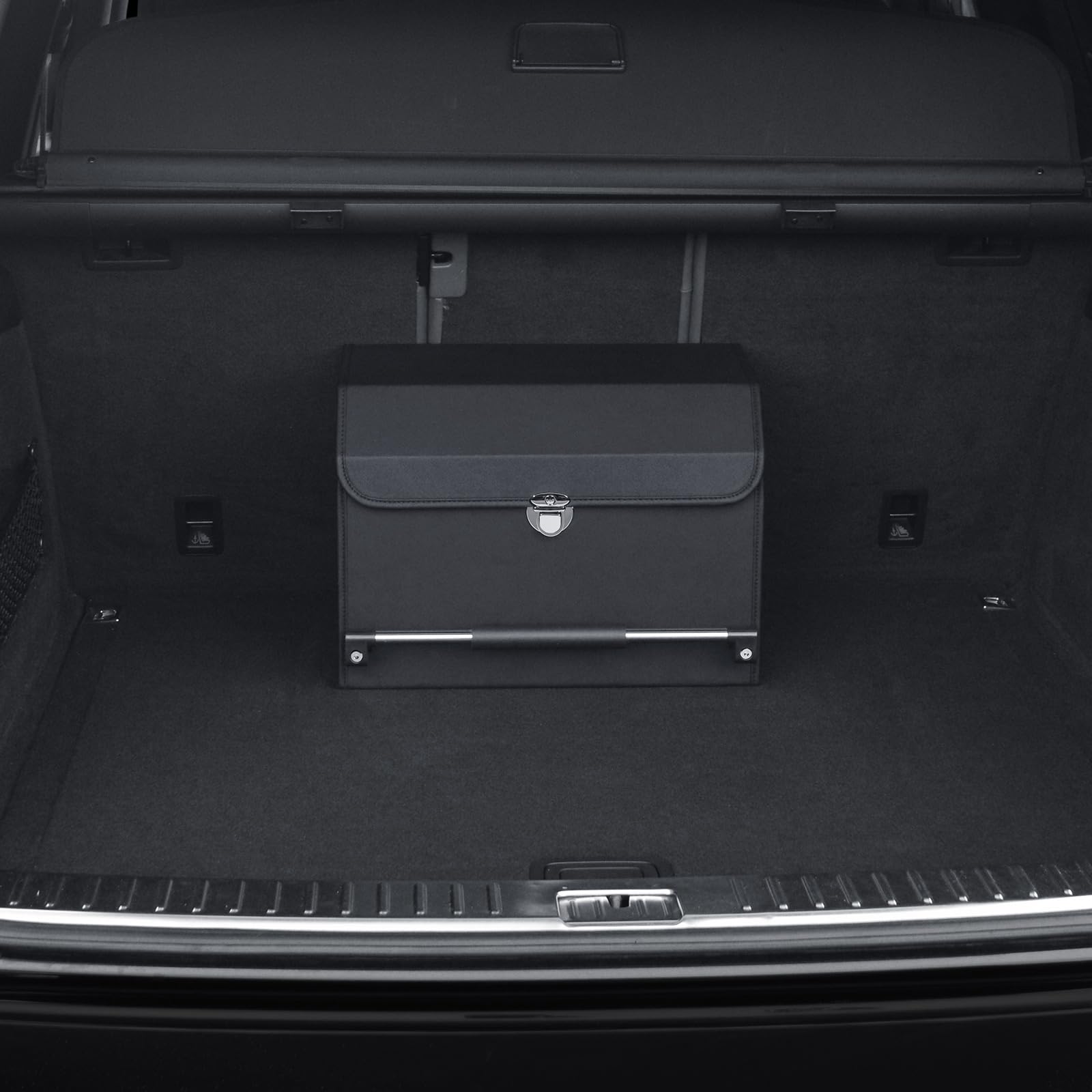 XCF Car Trunk Organizer, Durable Foldable Leather Trunk Organizer with Lid and Sturdy Handle, Portable Suv Trunk Organizers and Storage for Men/Women, Small (11.4 x 16.9 x 12.2, Black)