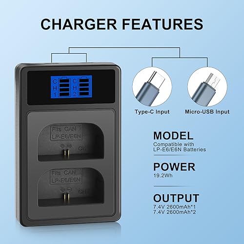 Miniatura 6 de Paquete de 2 baterías LP-E6 de 2600 mAh y cargador de batería dual de repuesto LP-E6 LP-E6N para cámaras Canon EOS R R5 R6 R7 60D, 70D, 80D, 90D,