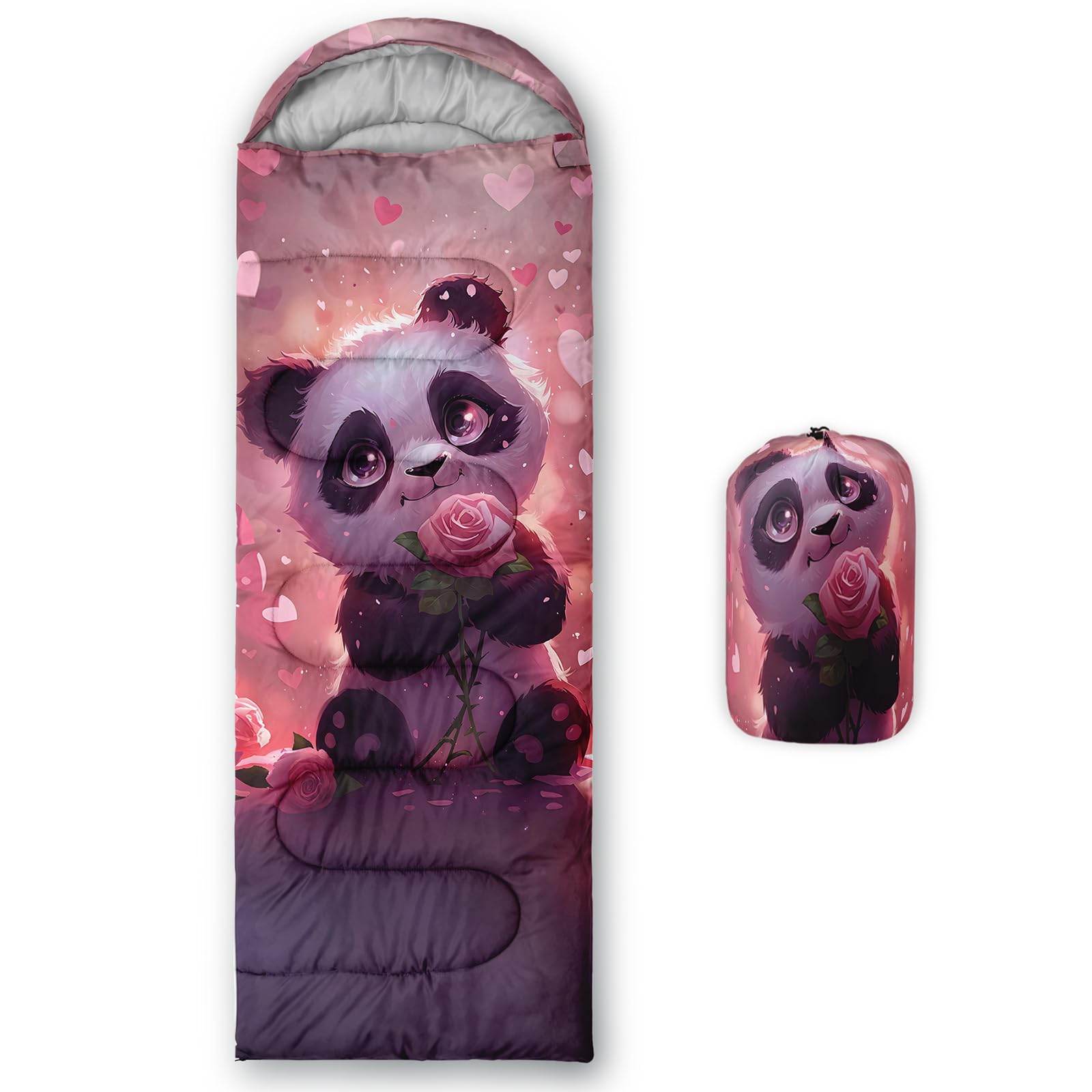 AILONEN Cartoon Panda Sleeping Bag,3 Season Warm and Cool Weather,Lightweight,Waterproof,Romantic Pink Love Heart Rose Animal Themed Sleeping Bag for Kids,Traveling,Outdoors