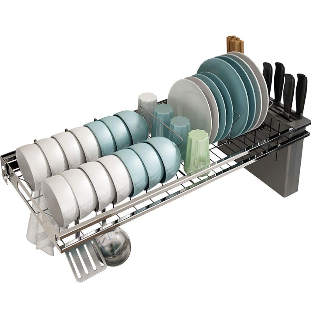 Lavello da Cucina in Acciaio Inox 304 a Parete sopra Lo scolapiatti con portacoltelli e Bacchette, 2 Misure(Lunghezza 76cm