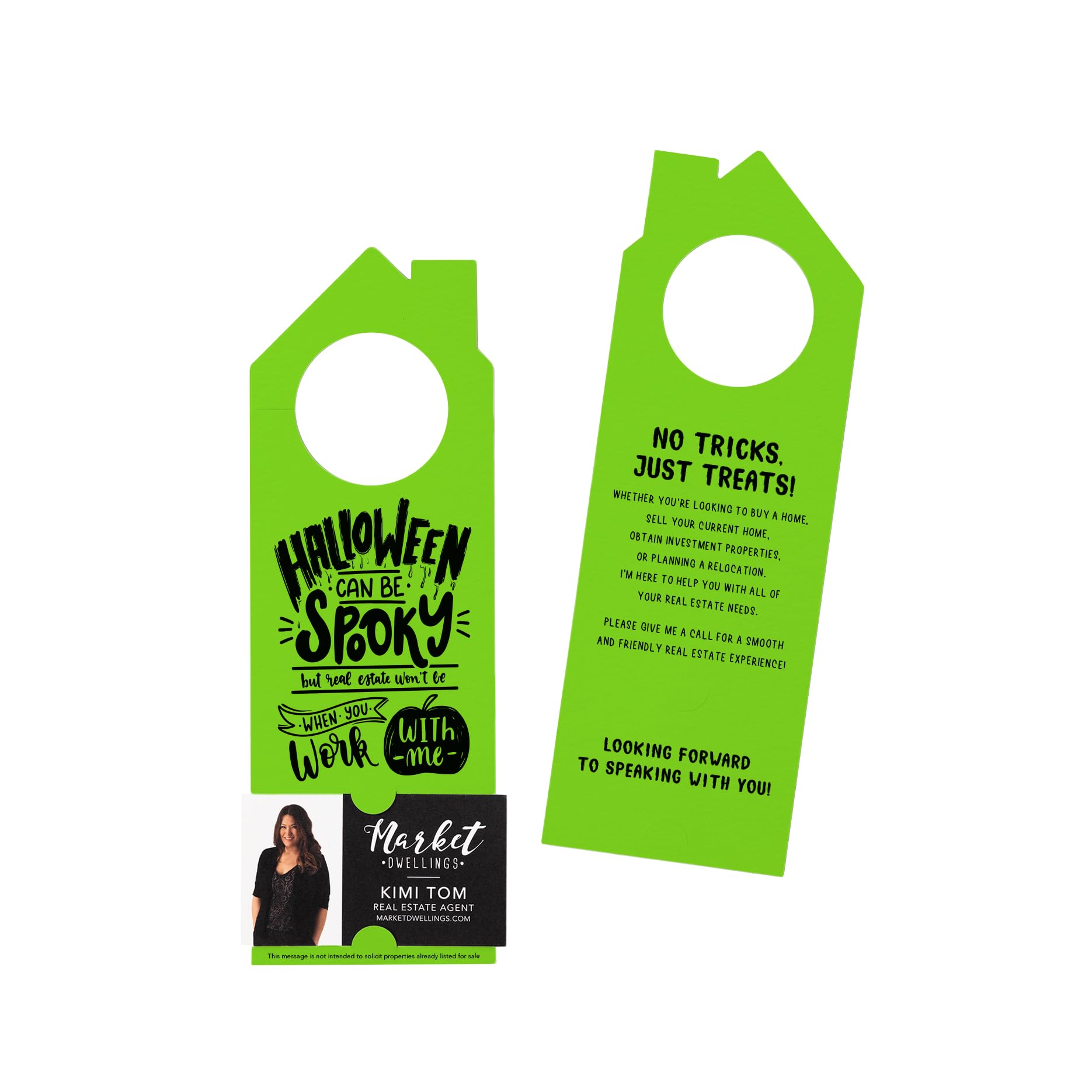 Market Dwellings Halloween Can Be Spooky | Real Estate Marketing Door Hangers | Real Estate Agent | H1-DH002-GREEN APPLE - Pack of 10