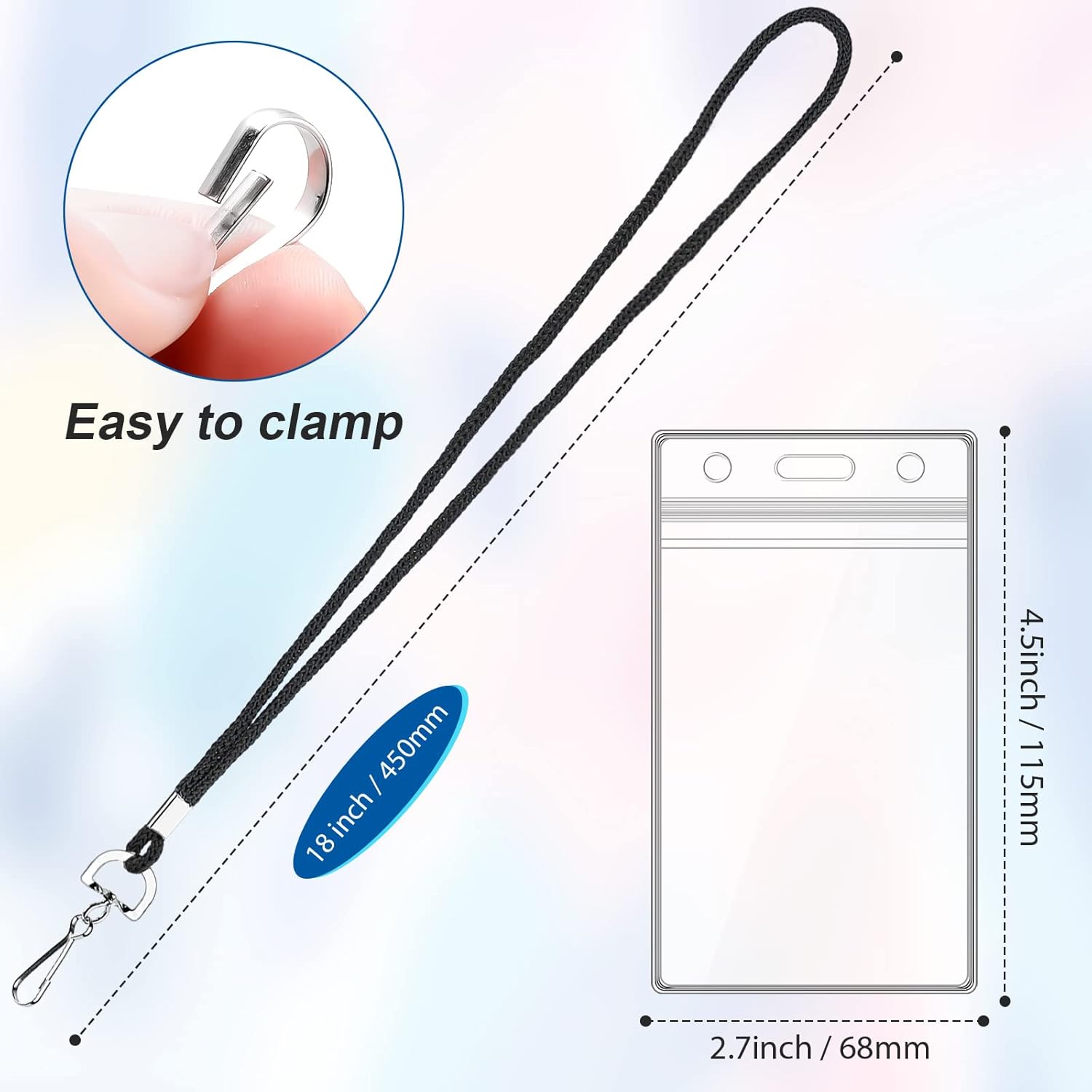 100Pcs Clear Plastic Vertical Name Tag Badge ID Card Holders and 100Pcs Black Neck Lanyards with Swivel Hook for School, Office, Business
