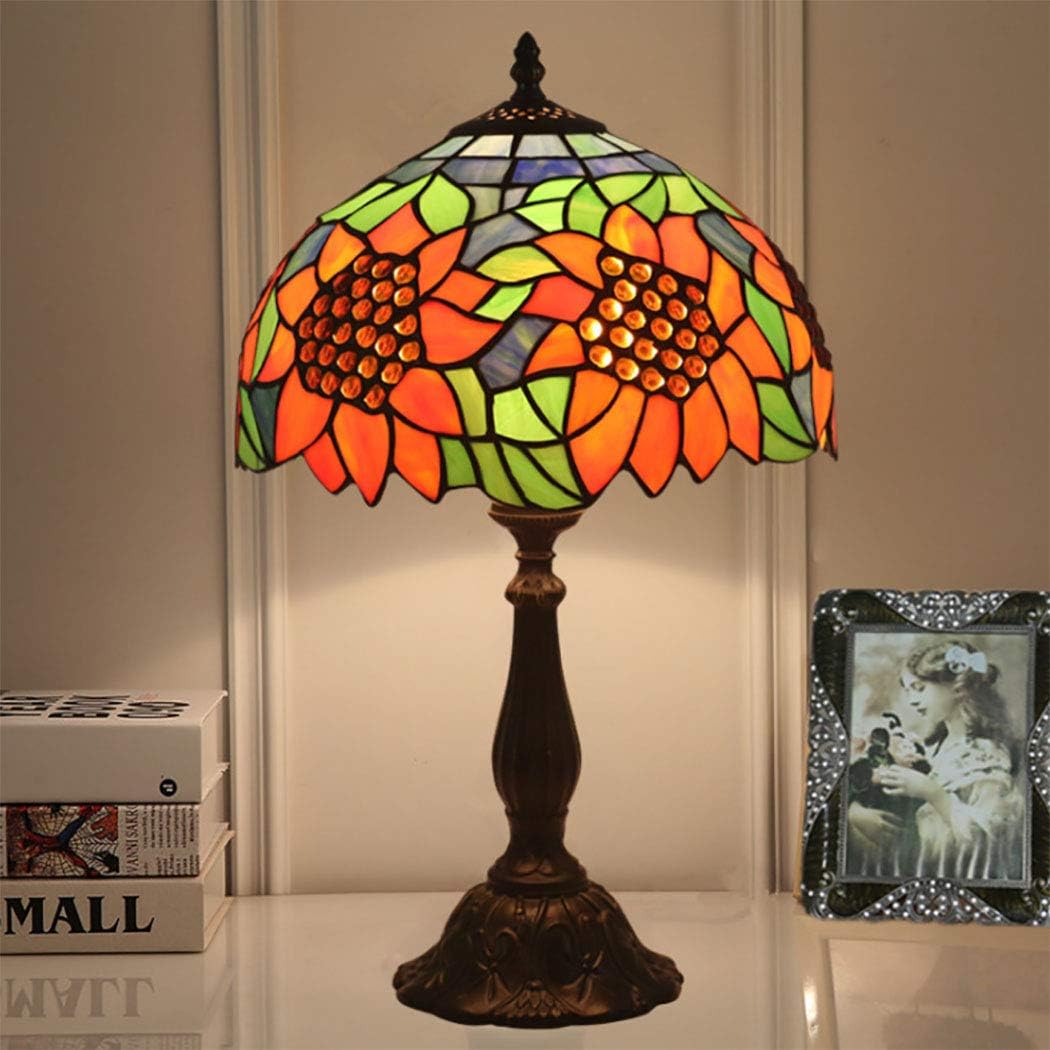 Pastoral Sunflower Green Leaves Shade Table Lamp 12 Inch Tiffany Style Orange Blue Stained Glass Desk Lamp, Living Room Bedroom Bedside Study Room Reading Lamp…