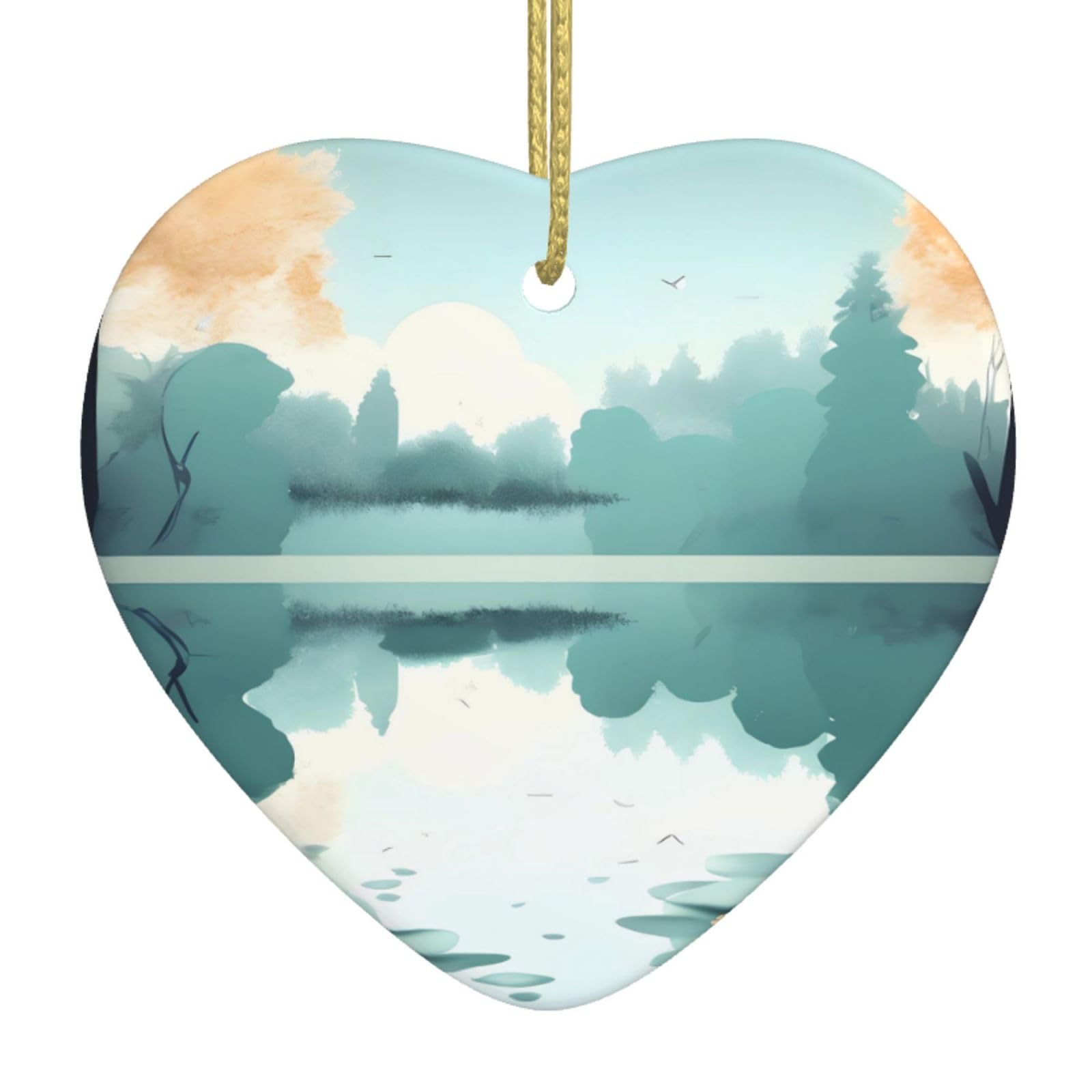 Fallen Leaves on a Tranquil Lake Ceramic Christmas Heart Pendant with Silk Thread, Christmas Tree Home Decoration