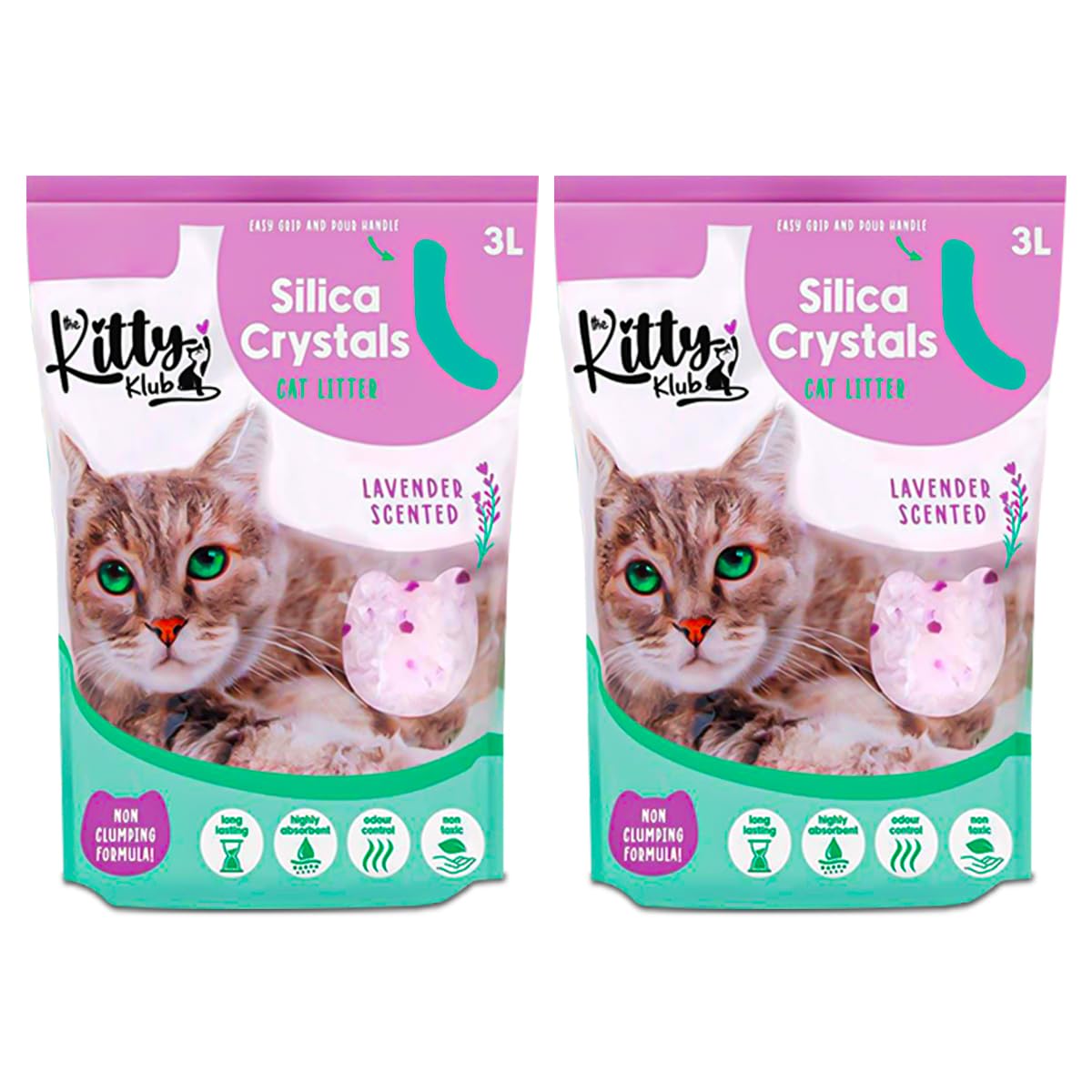 Silica Crystal Cat Litter 6L (2×3L) – Non-Clumping, Lavender Scented, Highly Absorbent Crystals, Long-Lasting Odour Control, Easy-Pour Bags for Keeping Litter Trays Fresh, Clean and Tidy.