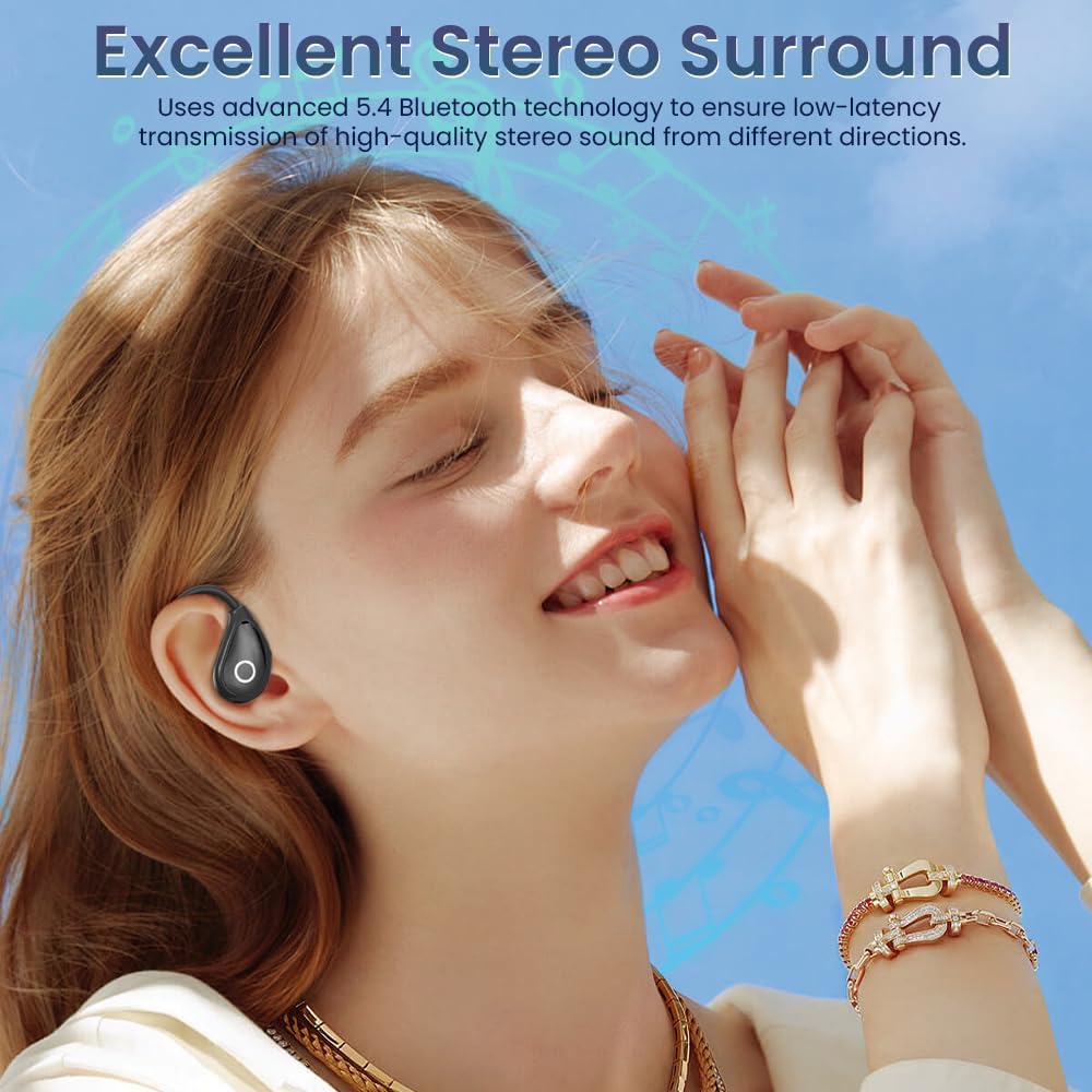 Open Ear Earbuds Wireless Bluetooth Headphones, 60Hrs Playtime, Stereo Sound Over Ear Buds with IPX7 Waterproof Noise Canceling Earphones, Ideal for Fitness, Travel - Black - Image 6