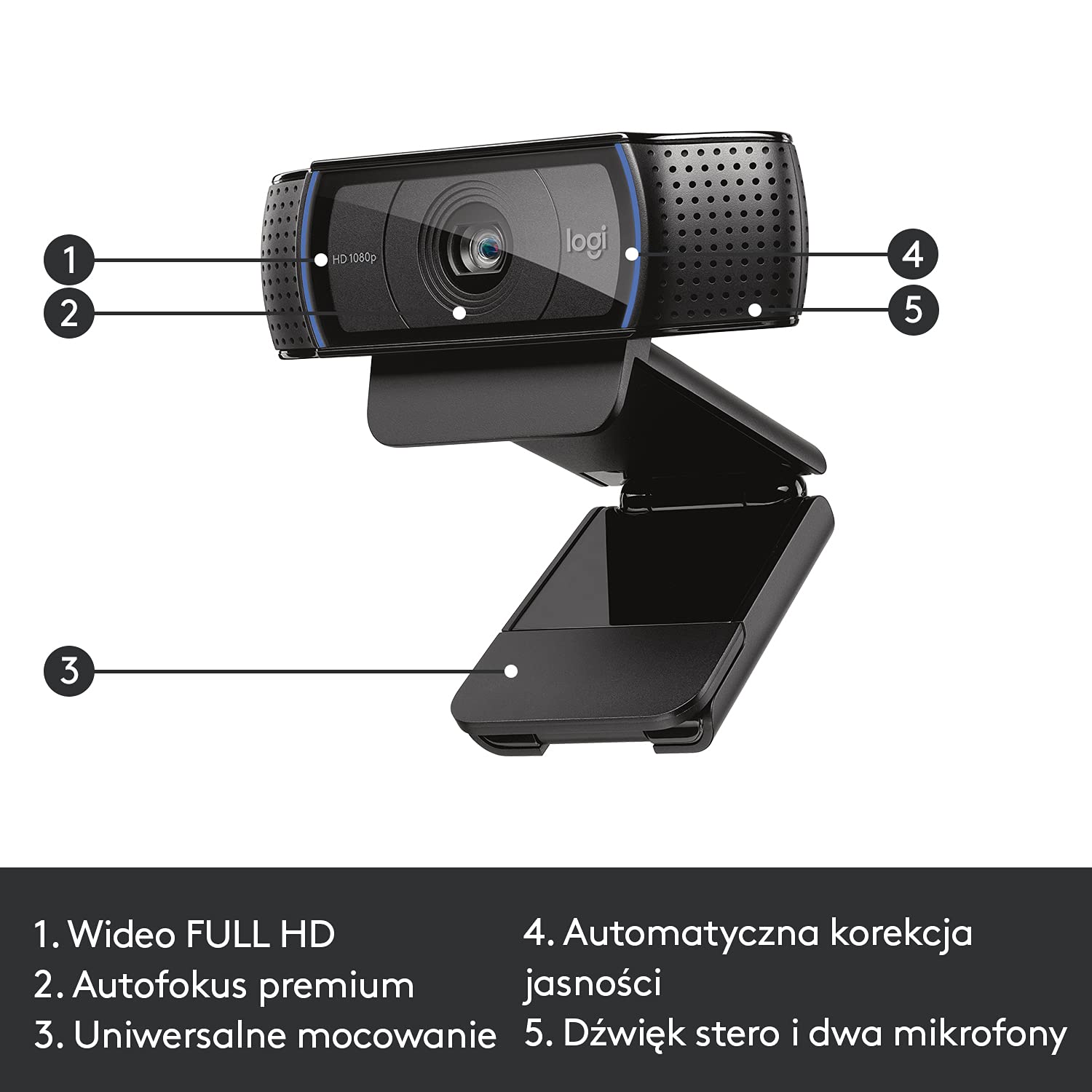 Logitech C920 Hd Pro 960-000768 Kamerka Internetowa, Czarny, 2 MP
