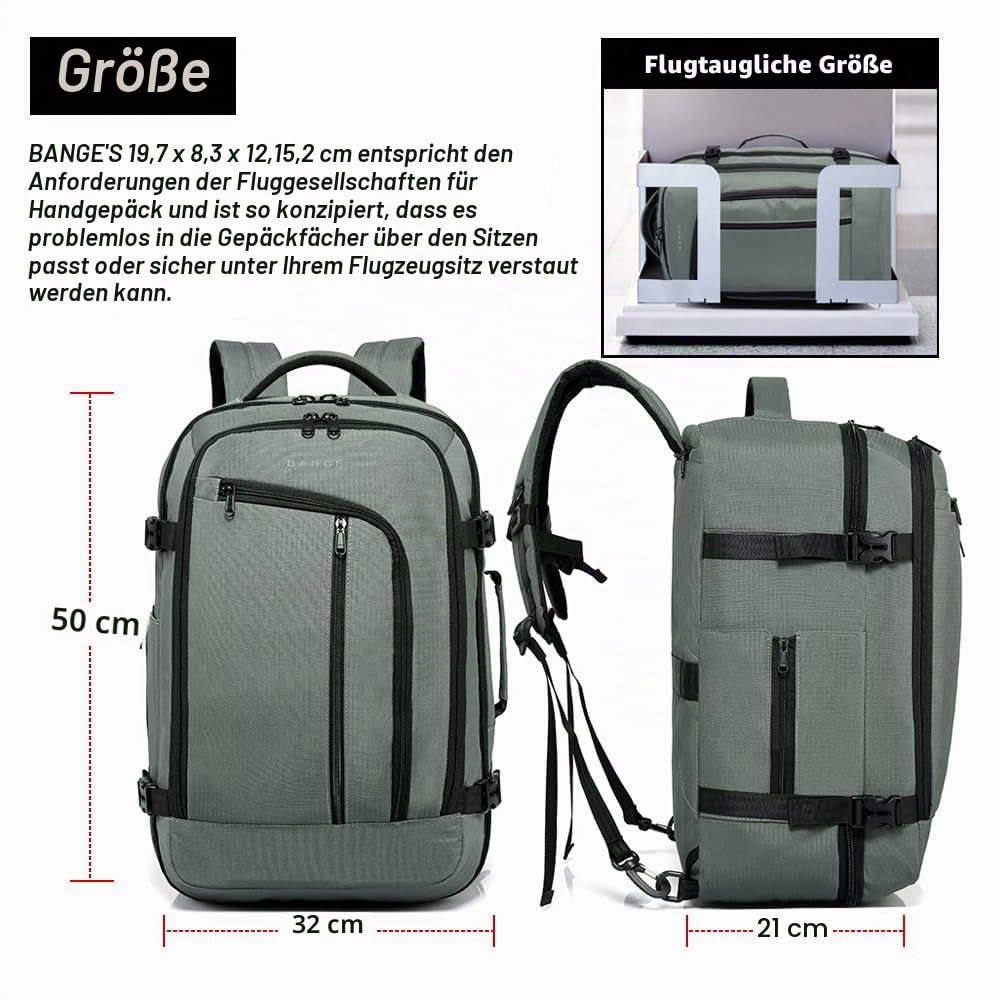 BANGE Reise-Übernachtungs-Rucksack, 40 Liter, durch FAA für Flüge zugelassen, Wochenendtasche, Handgepäck-Rucksack, 19.7Hx12.6Lx8.3W, Rucksack, Rucksäcke