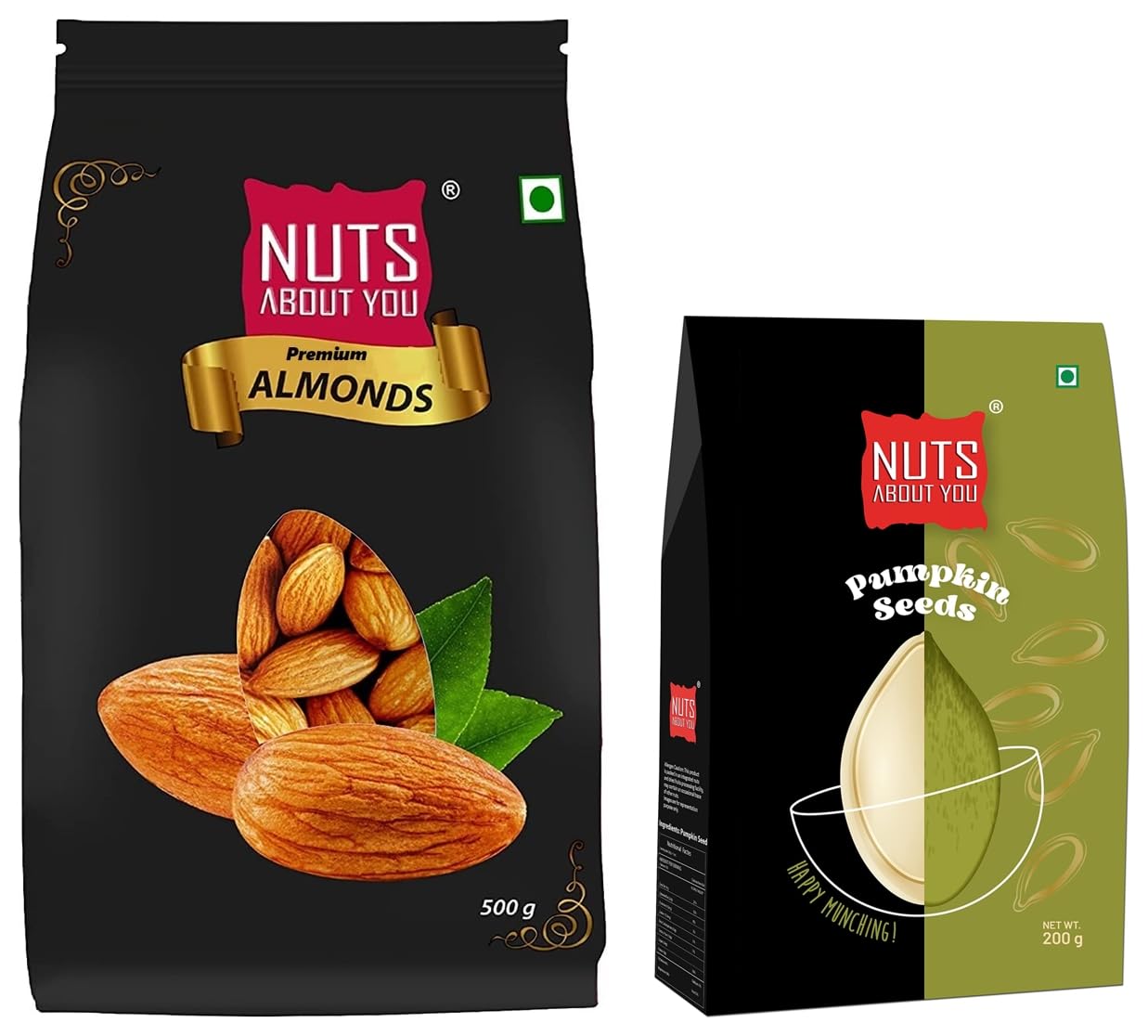 Nuts About You Premium ALMONDS, 500 g | New Crop 2022 | Premium | 100% Natural | Badam & Nuts About You PUMPKIN Seeds, 200 g | Raw | Premium | 100% Natural | Diet Food