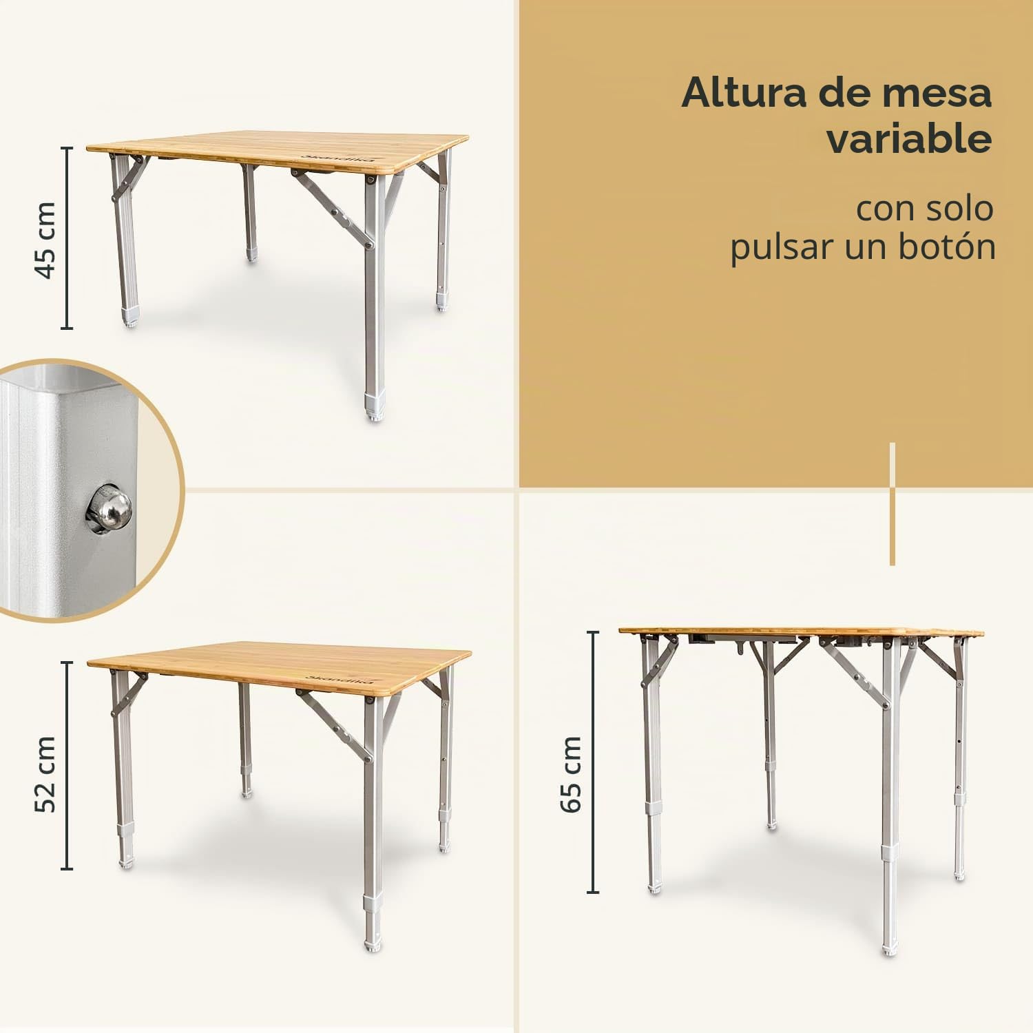 skandika Tolja | Mesa de Camping de bambú Plegable, Estante de Rejilla, Varios tamaños, Regulable en Altura en 3 Posiciones, Aluminio, Madera, Resistente a la Intemperie (65 x 50 x 65 cm)