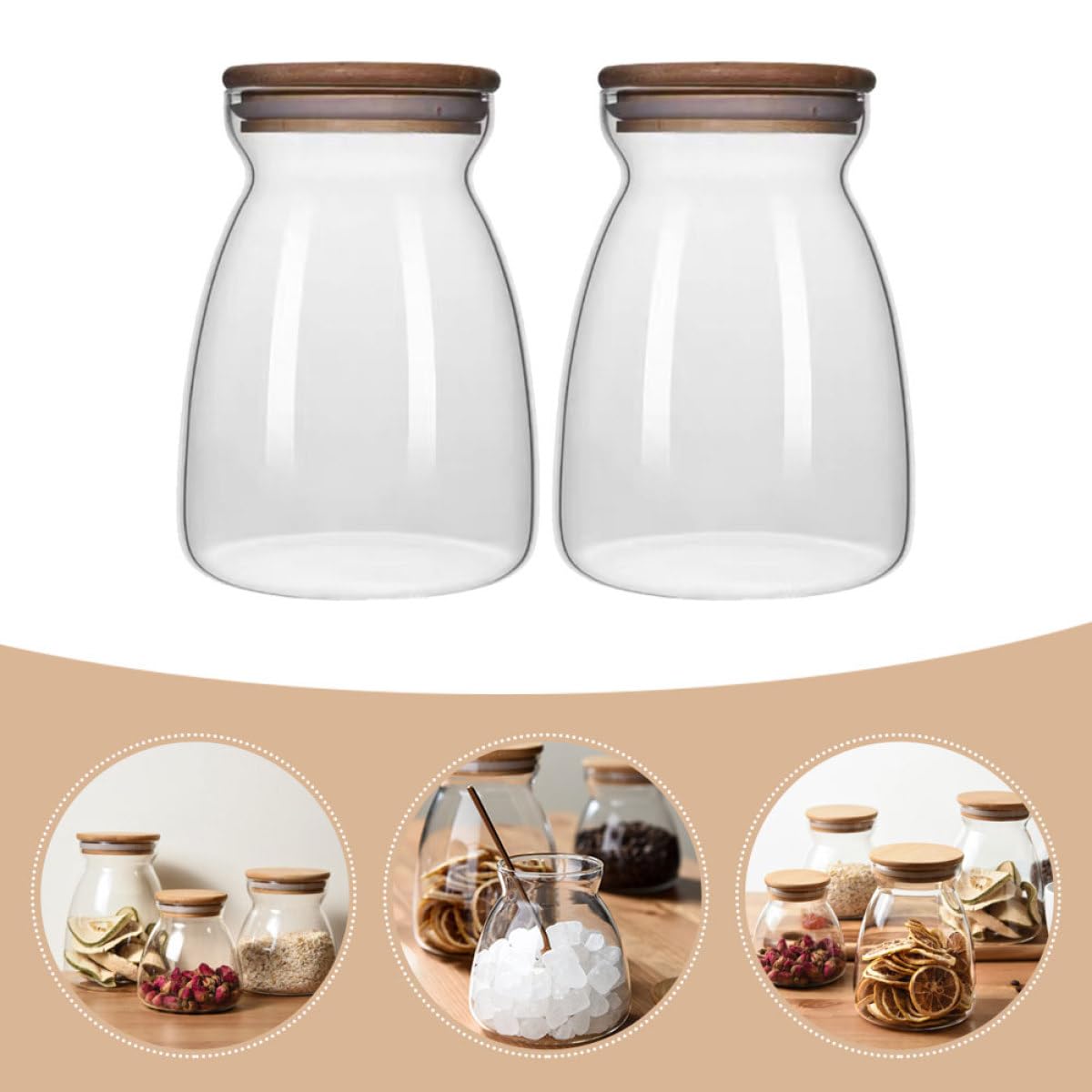 2 Stück Glas Vorratsgläser mit Holzdeckel und Silikonring 1000ml Luftdicht Borosilikatglas Behälter für Tee und Getreide für Schreibtisch