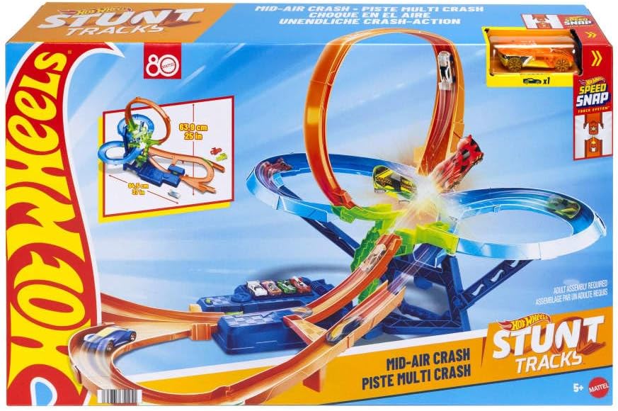 Hot Wheels Toy Car Track Set, Stunt Track Mid-Air Crash with 1:64 Scale Die-Cast Toy Car, Motorized Booster for Non-Stop Stunting & Racing