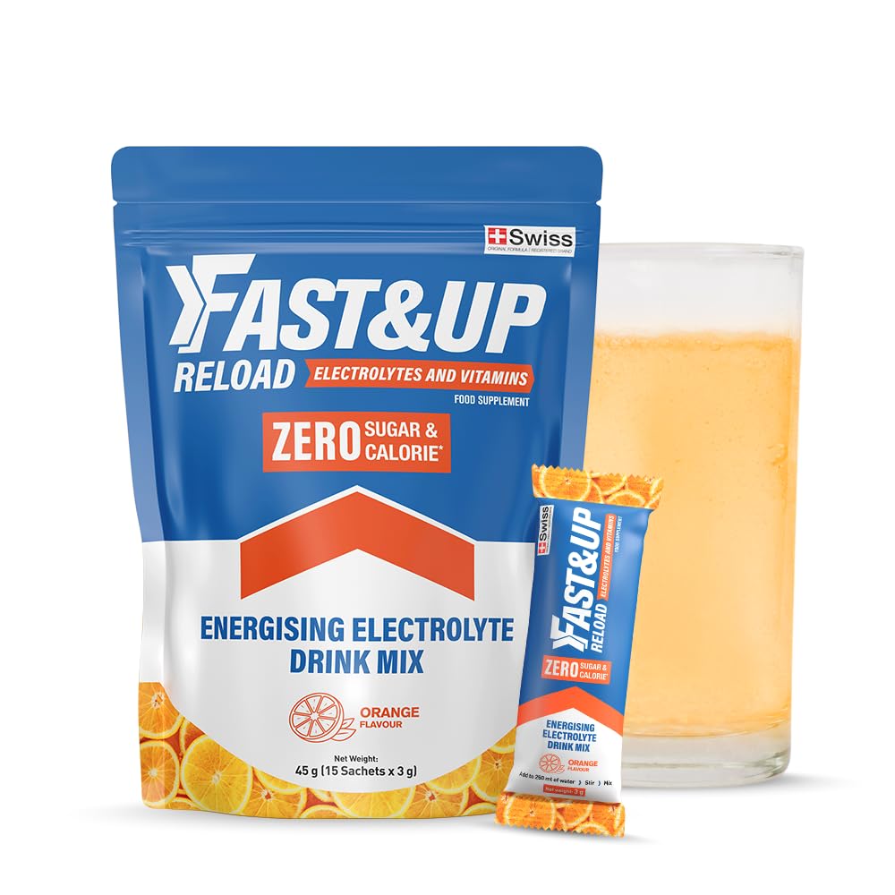 Fast&Up Reload Zero Electrolyte Powder Drink Mix, Zero Sugar & Calories, 15 Sachets, 5 Electrolytes Plus Vitamin C & B12 for Instant Hydration & Energy, Orange Flavour