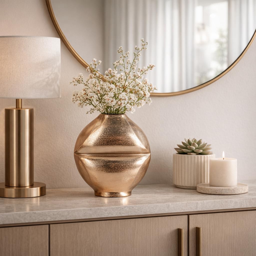Moder Metal Vase for Living Room Decor - Faceted Design Flower Vase for Home, Bathroom, Kitchen, and Office Table Display - Aluminum Accent for Bedroom and House Room Decor - 11", Gold & Metallic
