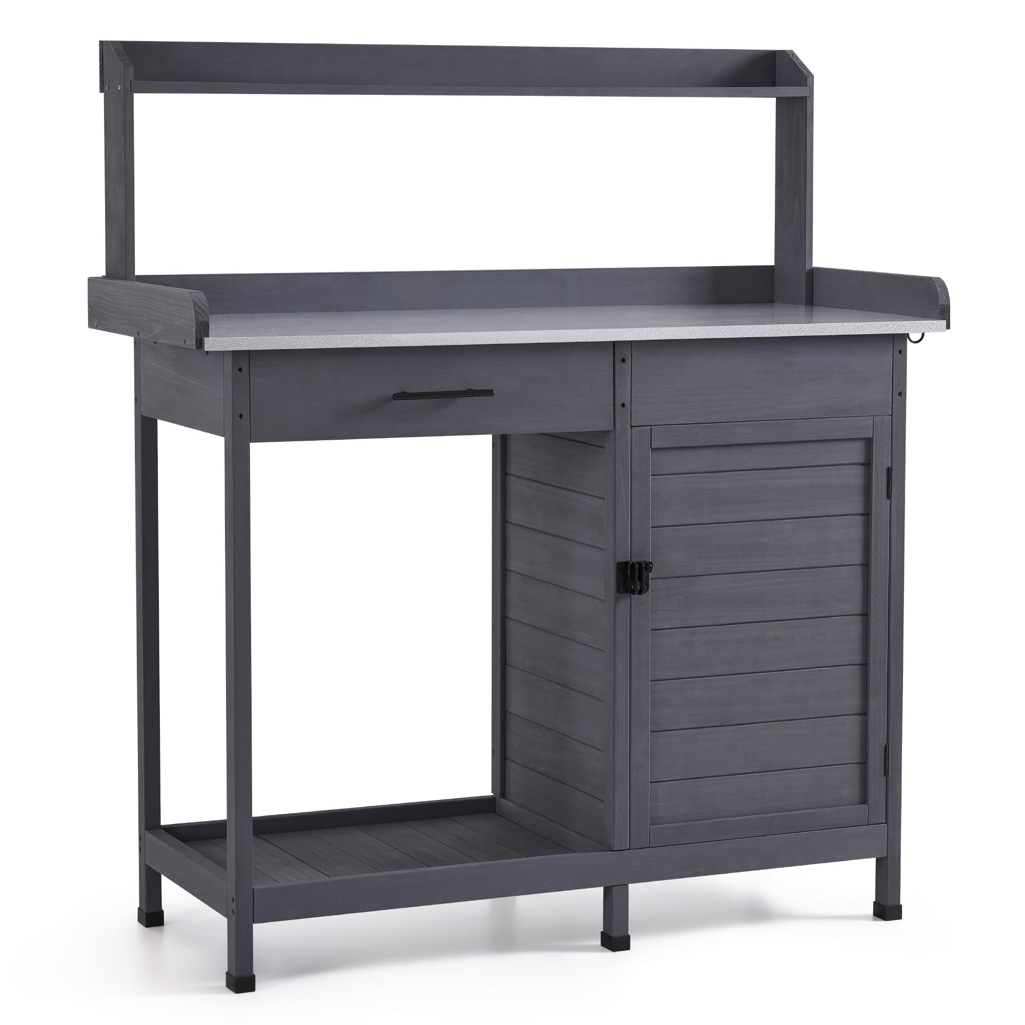 M MCombo Pflanztisch mit Schublade, Ablage, Verzinkter Arbeitsplatte & Schrank, Gärtnertisch Wetterfest mit 3 Haken, Blumentisch Massivholz für Garten, Balkon & Terrasse, 48 x112 x 126 cm, 0440 (Grau)