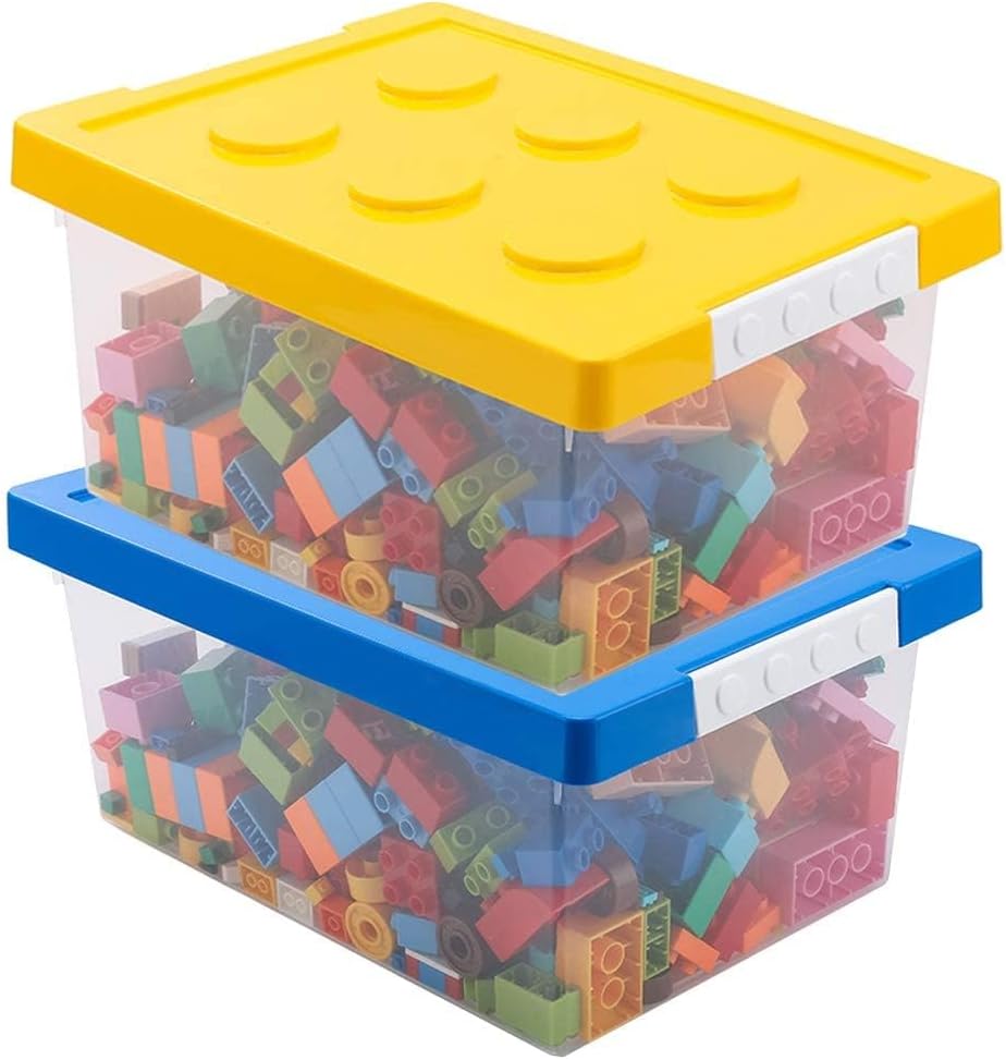 Azonee Toy Storage Organizer Bins with Lid, Stackable Plastic Organizer Box, Kids Toy Chests with Compatible Building Baseplate, Storage Container for Building Bricks & Toys, Set of 2