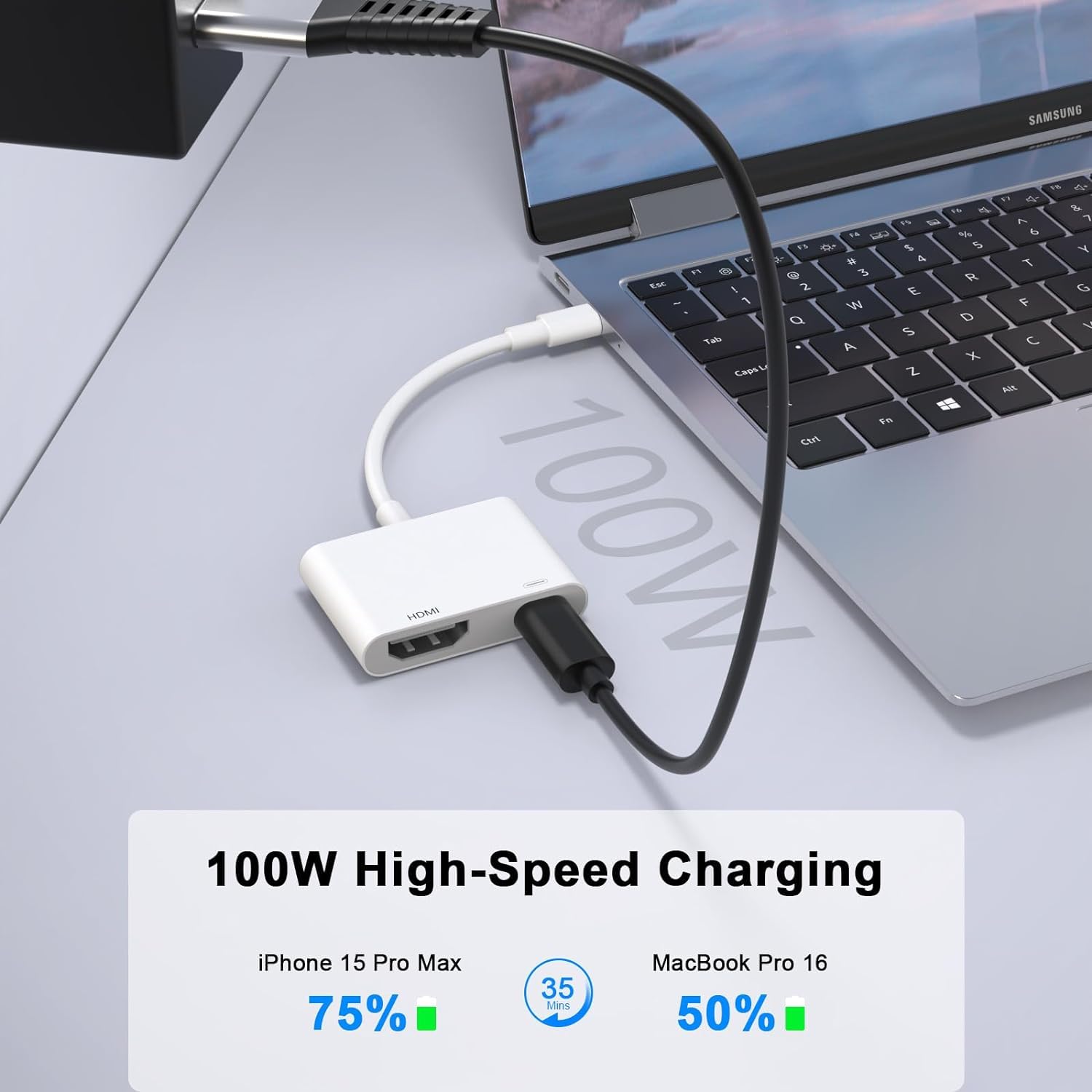 Adaptateur USB-C Vers HDMI Certifié MFi Pour IPhone 17/16/15 – 4K@60Hz, Port Charge Rapide 100W – Compatible IPad, Samsung Galaxy, Etc.
