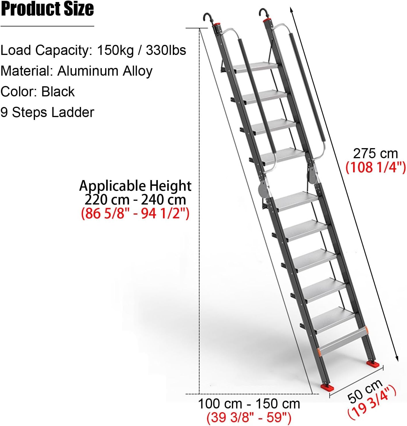 9-Step Aluminum Alloy Loft Egress Ladder, Black Heavy-Duty Attic Escape Ladder with Hook Brackets, Foldable Emergency Roof/Garage Ladder (275 cm / 108 1/4")