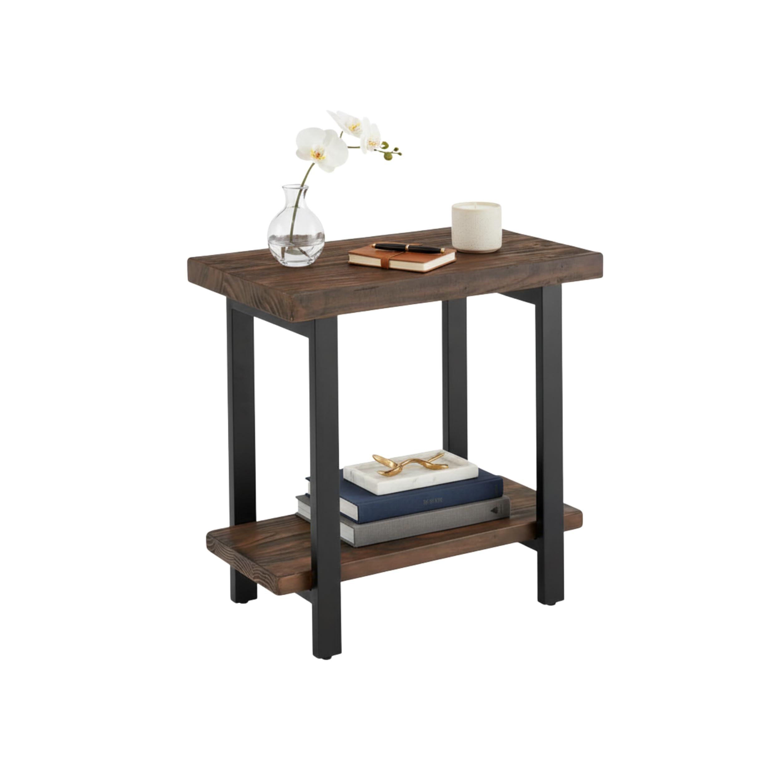 Alaterre Furniture Pomona Living Room Collection – 2-Tier Solid Wood End Table with Natural Finish and Metal Legs – Modern Farmhouse Accent or Home Décor (Rustic Brown)