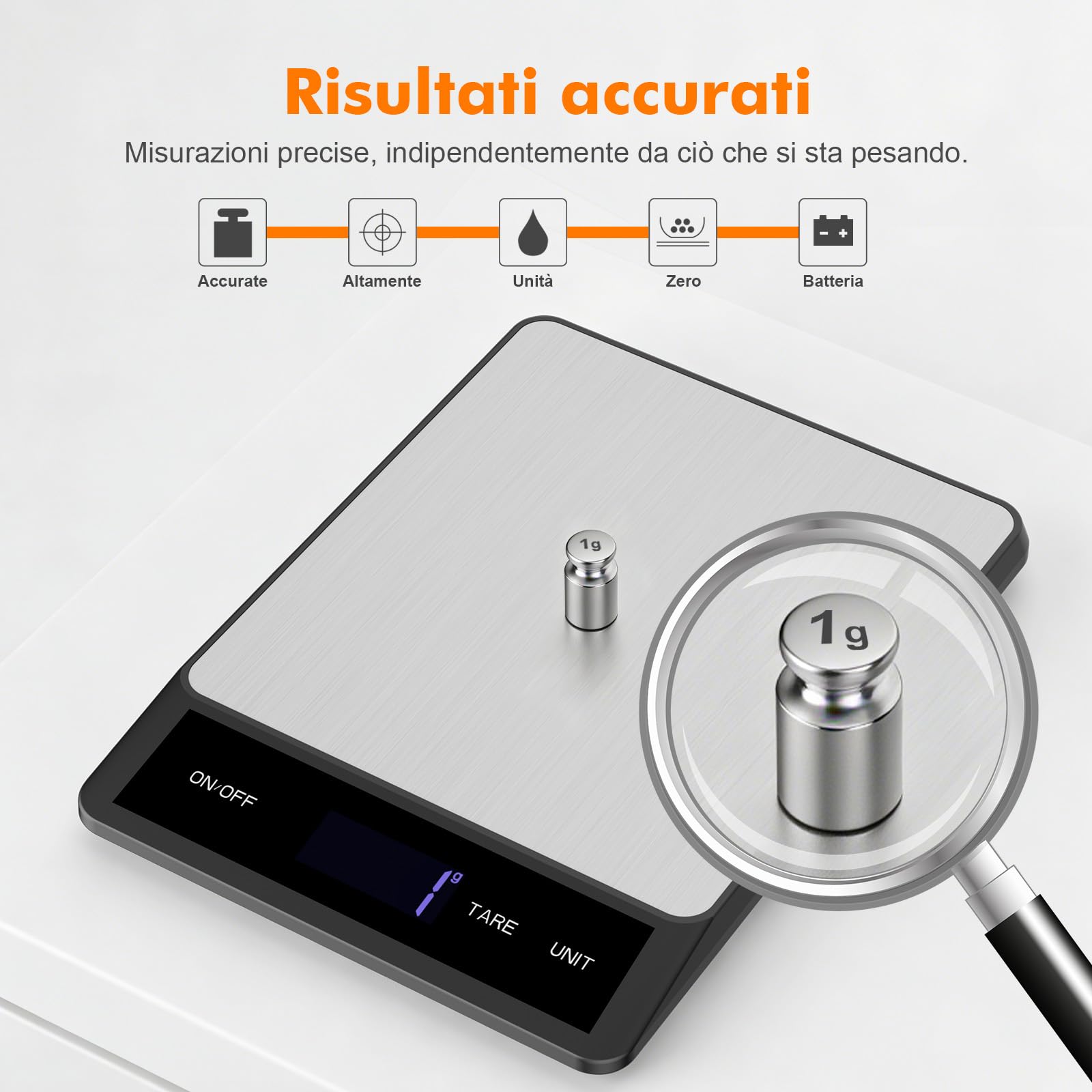 GRIFEMA GA2008-1, Bilancia da cucina ricaricabile, Bilancia multifunzione per alimenti in acciaio inossidabile, 5 kg/11 lb