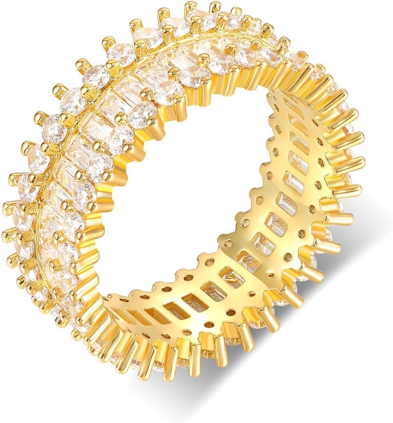 MDFUN 18K White Gold/Yellow Gold Plated Engagement Ring Promise Ring Wedding Eternity Bands Emerald Cut Cubic Zirconia Rings for Women Men Size 5-9