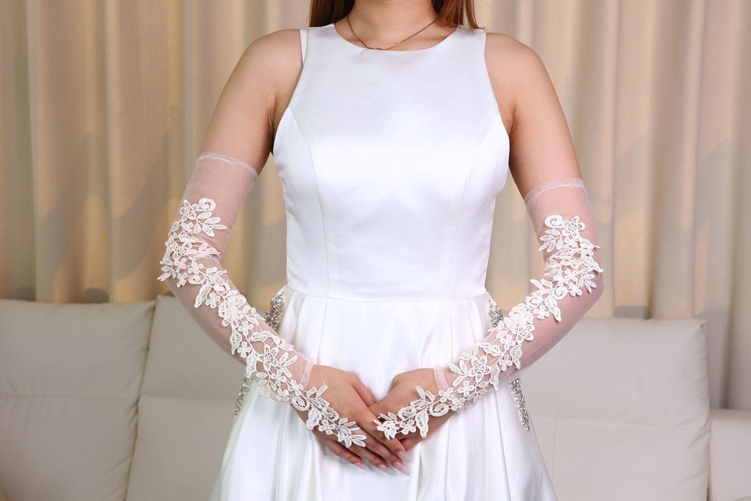 Specell Women's Long Lace Fingerless Gloves Sheer Mesh Tulle Elbow Length Gloves for Bridal Wedding Party Prom Dance Opera