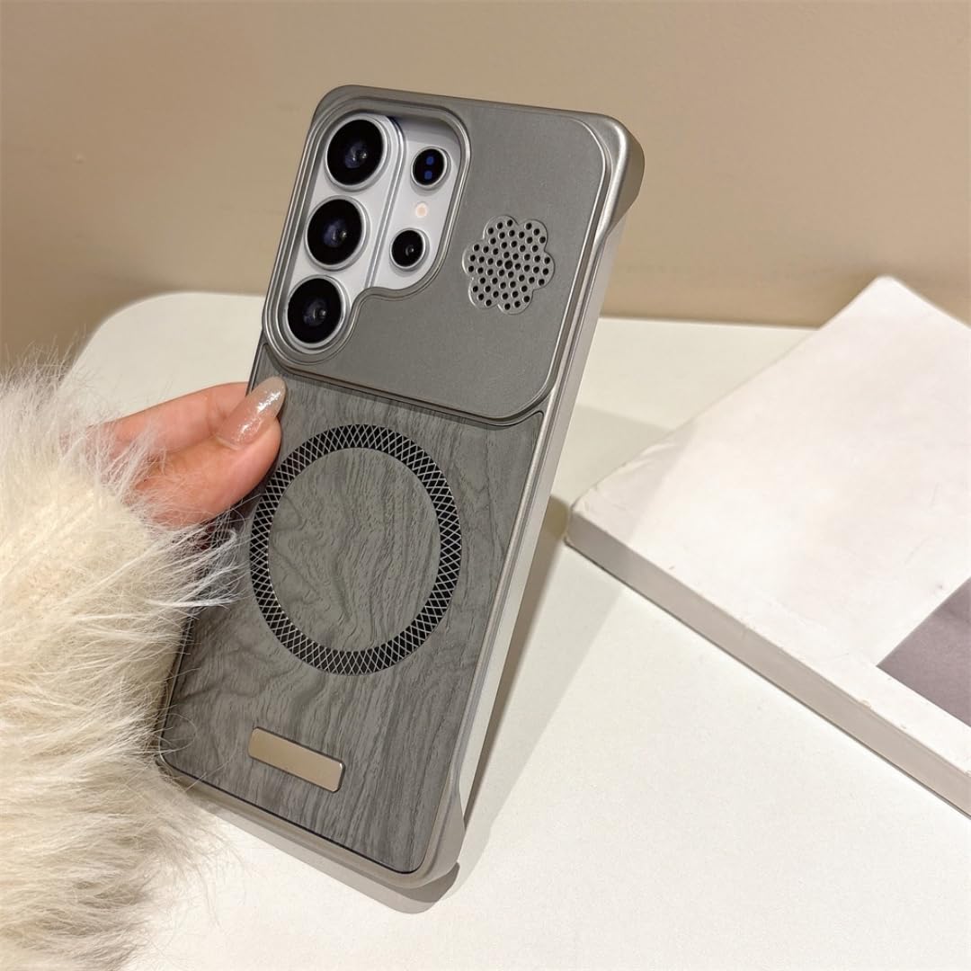 Etui magnetyczne bezramkowe z drewna imitującego skórę do telefonu Samsung S26 S25 Ultra S24 Plus Fe A56 A55 S26ultra z powłoką bezramkową (do Galaxy A55/szary)