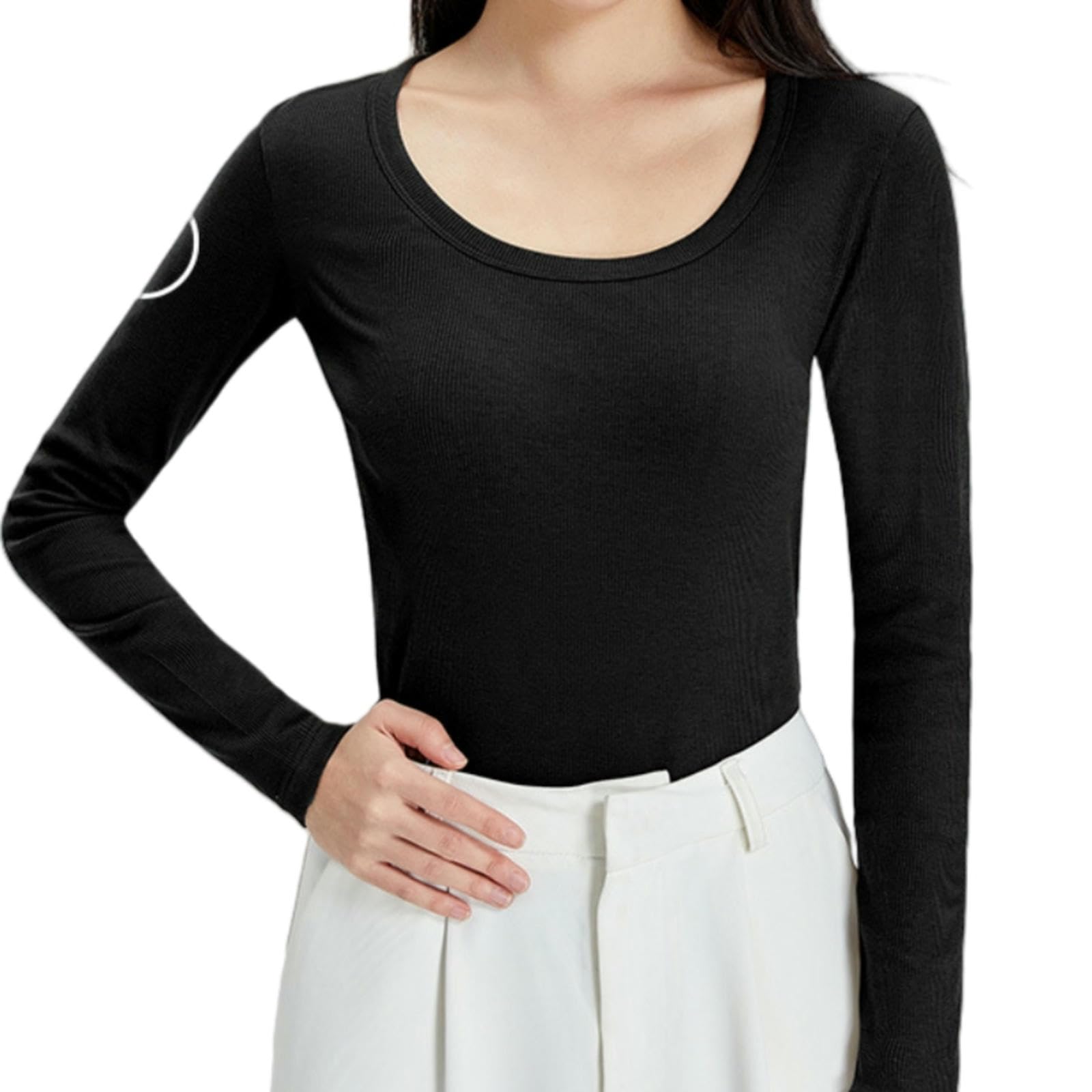 Maglietta A Maniche Lunghe Camicia da Fondo per Il Fondo del Collare Primaverile Ed Estate da Donna A Maniche Lunghe in Cotone Pettinato-Nero-m