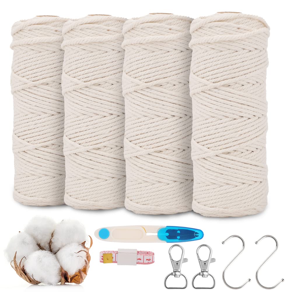 RANJIMA Makramee Garn, 3mm Macrame Cord Makramee 4er Set Makramee Schnur Garn für DIY Handwerk Weben Dekoration Wandbehänge Türvorhang Blumenampel Hängepflanze Pflanze Aufhänger Bohemien Weihnachten