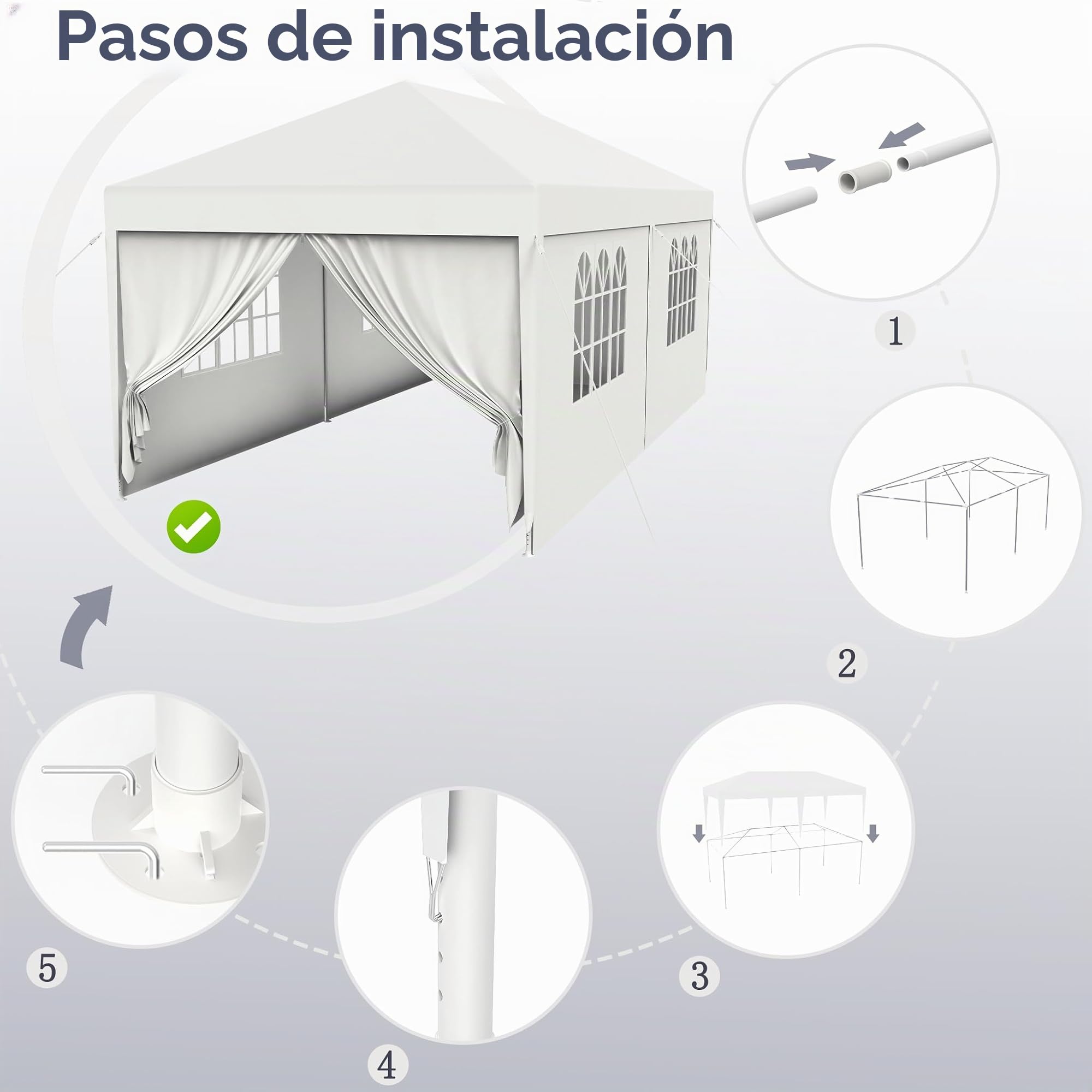 FIVMEN Carpa 3x3m Carpa para Fiestas con Paneles Laterales y Ventanas Pabellón de Jardín Cenador de Poliéster Protección UV Impermeable Gazebo Exterior, Blanco