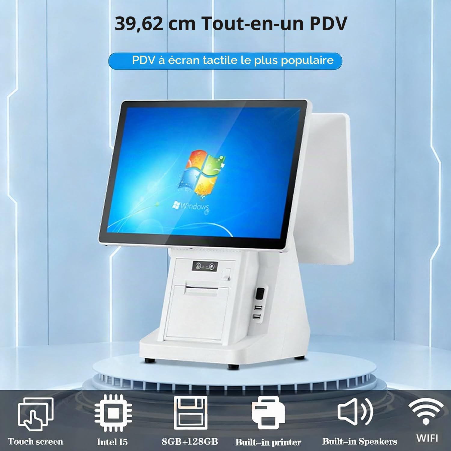 Qiang Caisse Enregistreuse Tactile Intelligente Tout-en-Un,éCran Tactile 15,6 Pouces,8 Go de Ram,128 Go de Ssd,Windows,avec imprimante et WiFi,pour Petites Entreprises et Restaurants Singlescreen