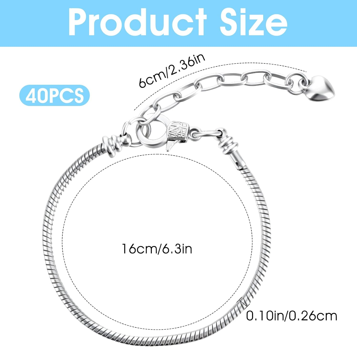 40 Pcs Snake Chain Charm Bracelet Adjustable Snake Charm Bracelet with Heart Lobster Clasp Extender Chain for Women Jewelry Making DIY Gifts Supplies - Image 2