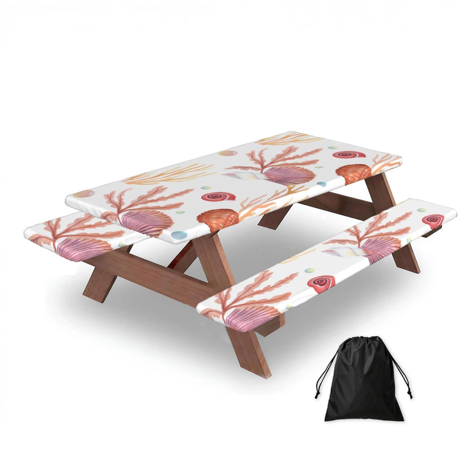Sea Shell, Picnic Table Cover With Bench Covers -Waterproof Elastic Fitted Tablecloth for Garden Camping Patio 76x152cm