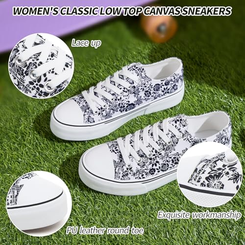 Image of Adokoo Canvas Tennis Shoes for Women Low Top Casual White Black Sneakers for Women Lace Up Fashion Comfortable Walking Shoes