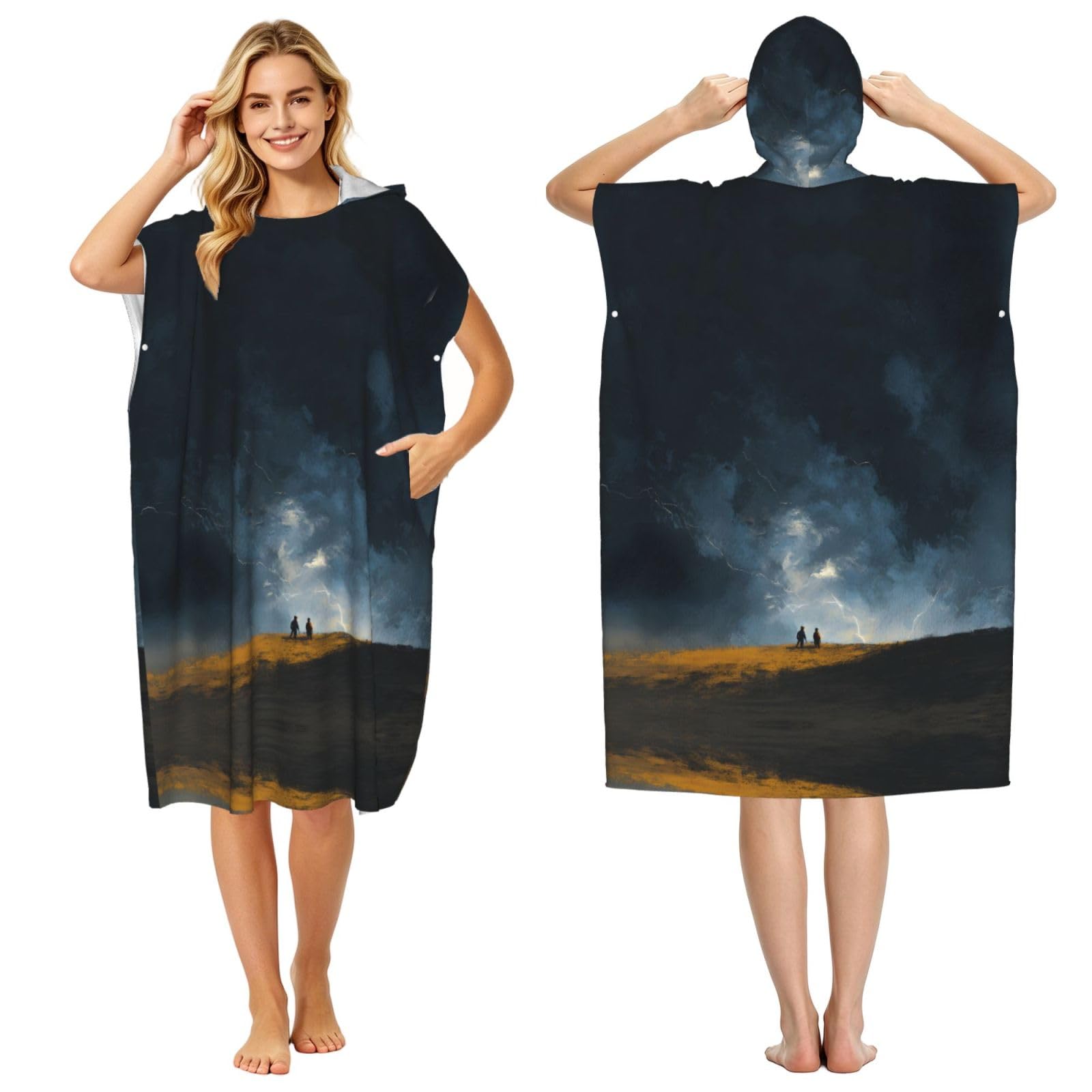 ESNAIUVCD Storm Print Changing Robe, Hooded Towel Poncho For Swimming Pool, Beach,Quick Dry & Light Weight Towelling Poncho For Adults Women Men