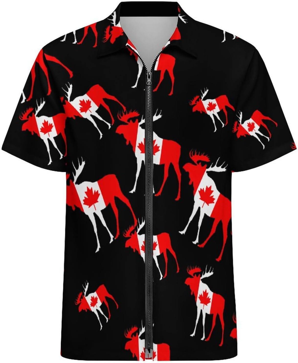 Canada Flag Mooses Men's Short Sleeve Shirt Zip-Up Golf Polo Shirts with Pocket