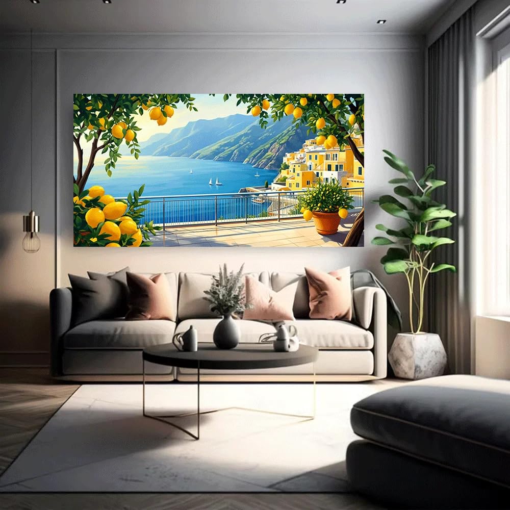 GKUVBF Affiche sur toile « Terrasse avec citronniers, vue sur la mer Méditerranée, villa côtière, paysage, impression d'art, décoration intérieure » (80 x 160 cm, sans cadre)
