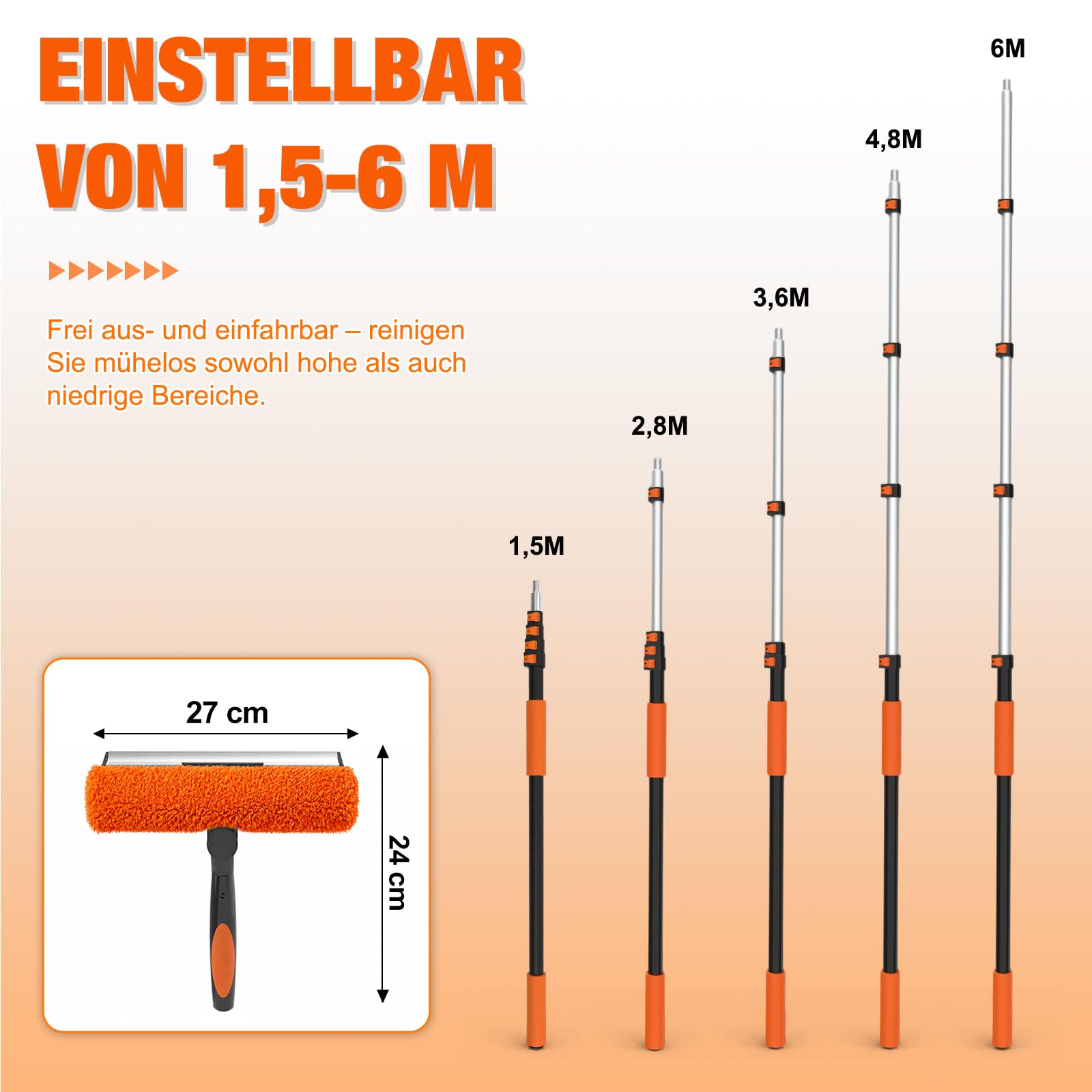 LAANPOLE 6m Fensterputzer Teleskop, 2-in-1 Fensterabzieher für die Fensterreinigung, Fensterwischer mit Teleskopstiel ür den Außen- und Innenbereich